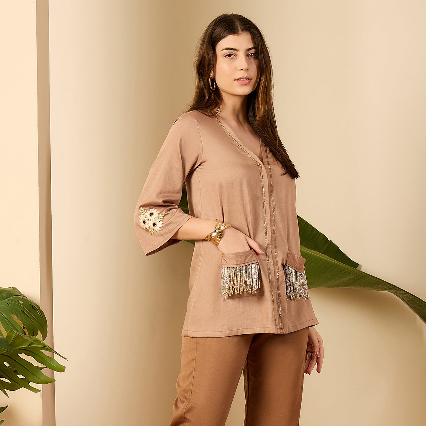 Coco Brown Pocket Nalki Embroidered Shirt