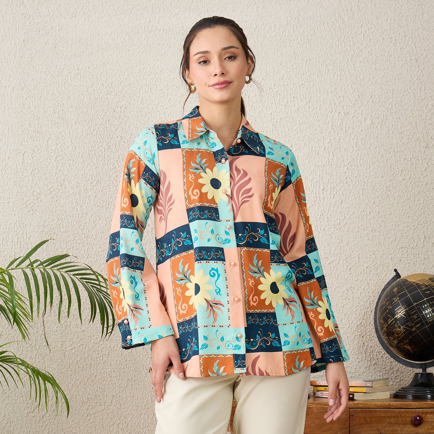 Brown and Blue Floral Print Shirt