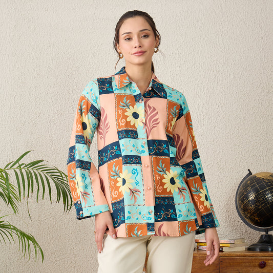 Brown and Blue Floral Print Shirt