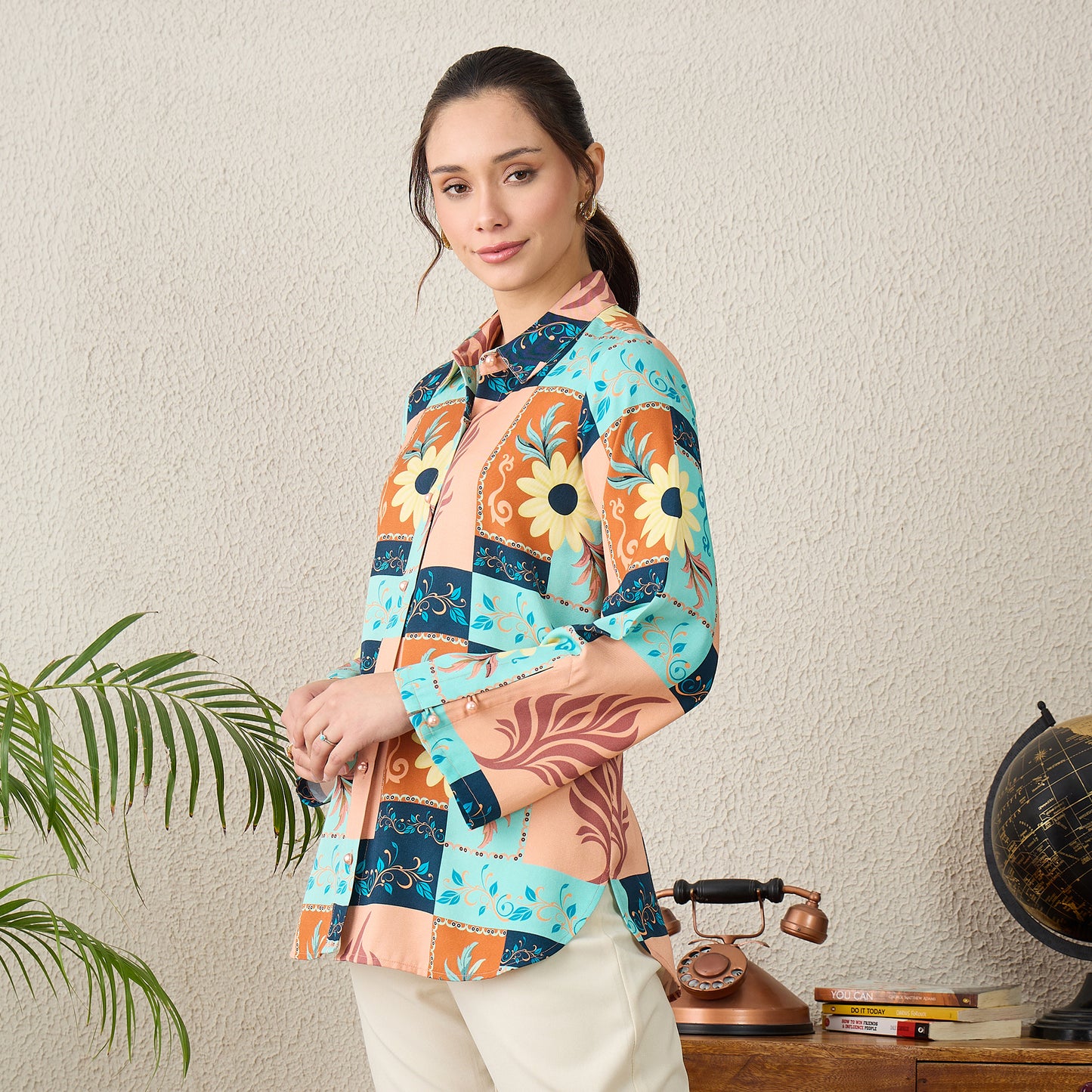 Brown and Blue Floral Print Shirt