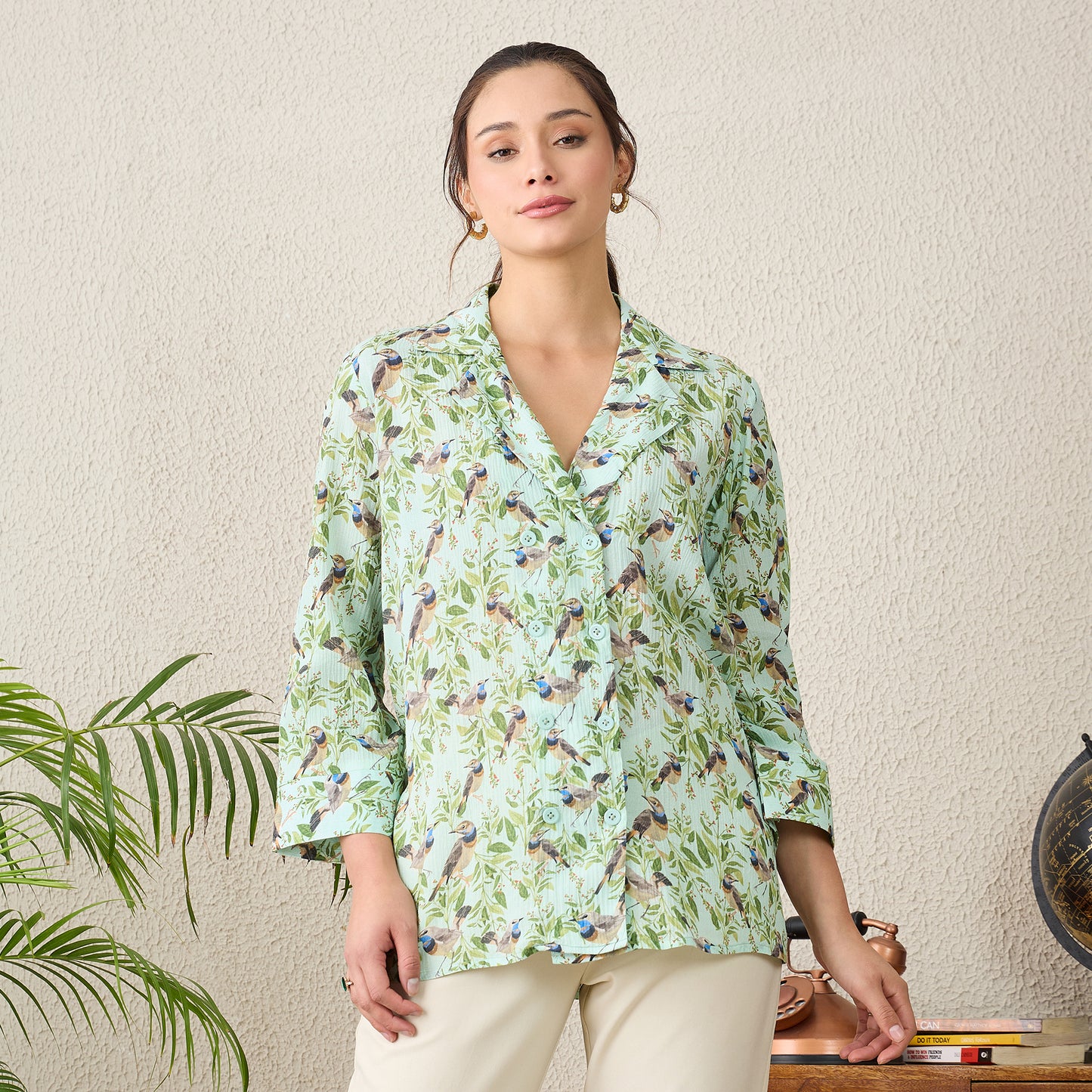 Mint Green Bird Print Shirt