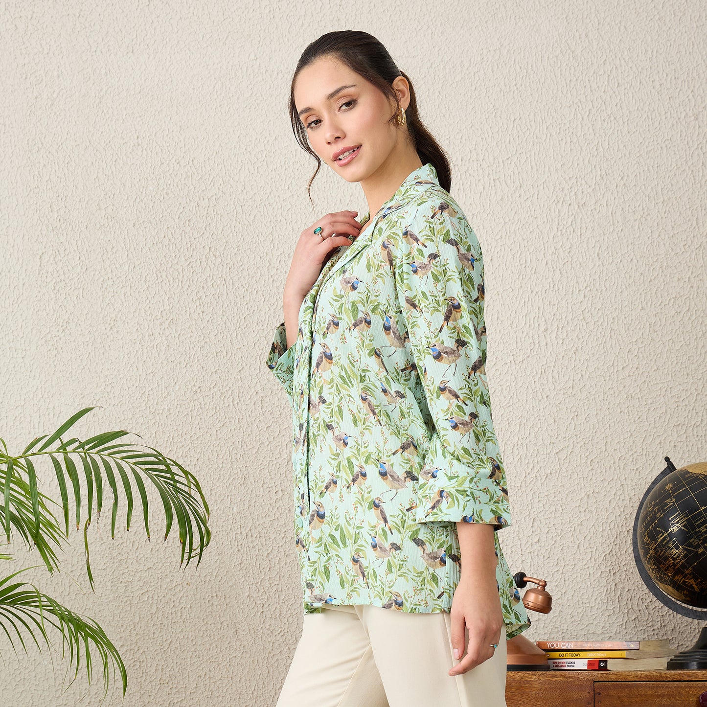 Mint Green Bird Print Shirt