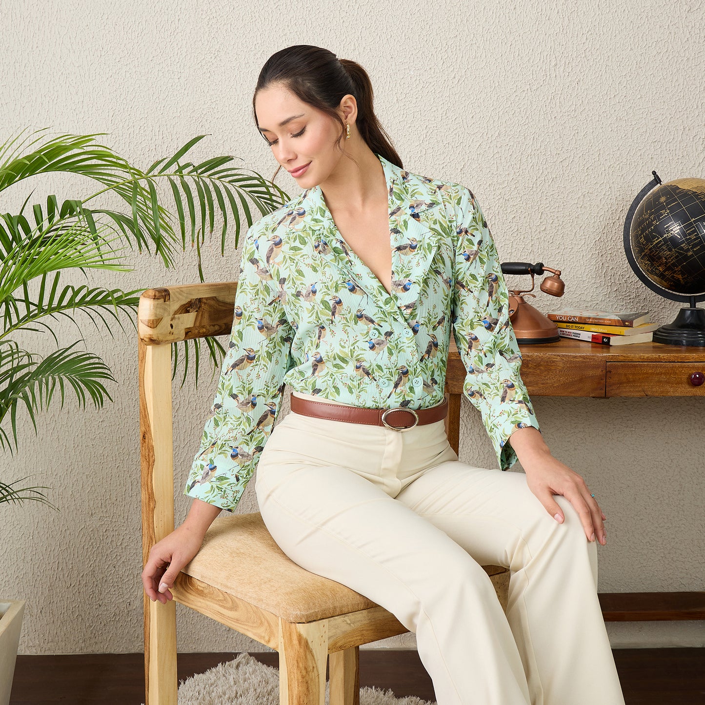Mint Green Bird Print Shirt
