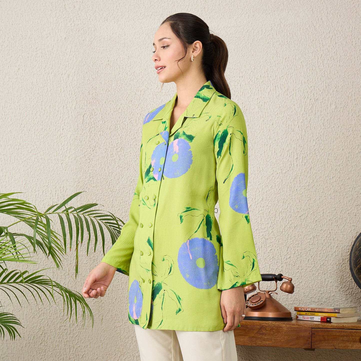Lime Green Abstract Printed Jacket Shirt