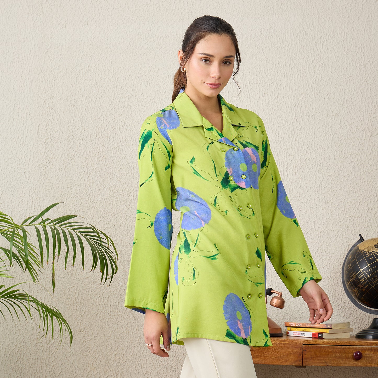 Lime Green Abstract Printed Jacket Shirt