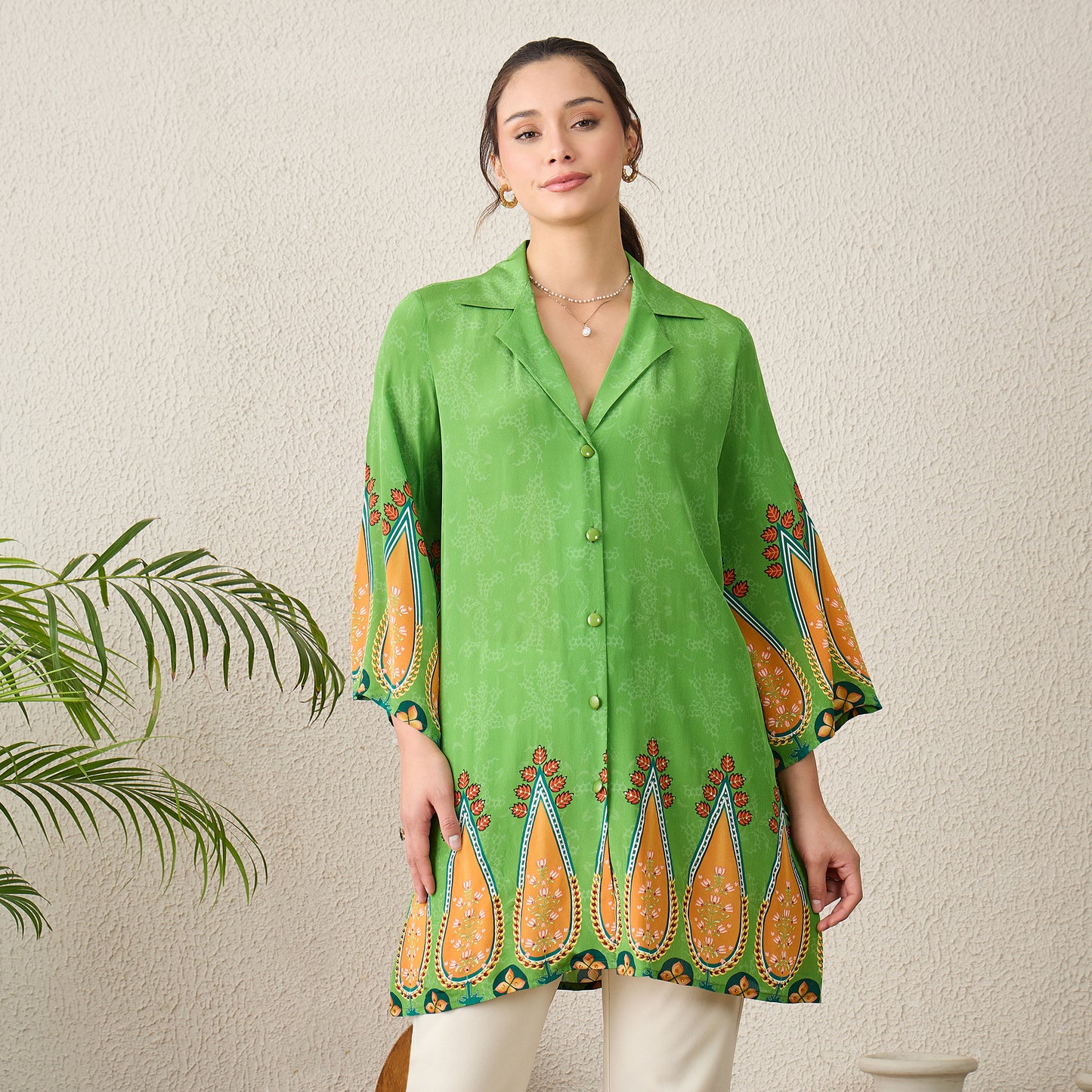 Green Paisley Printed Crystal Embellished Shirt