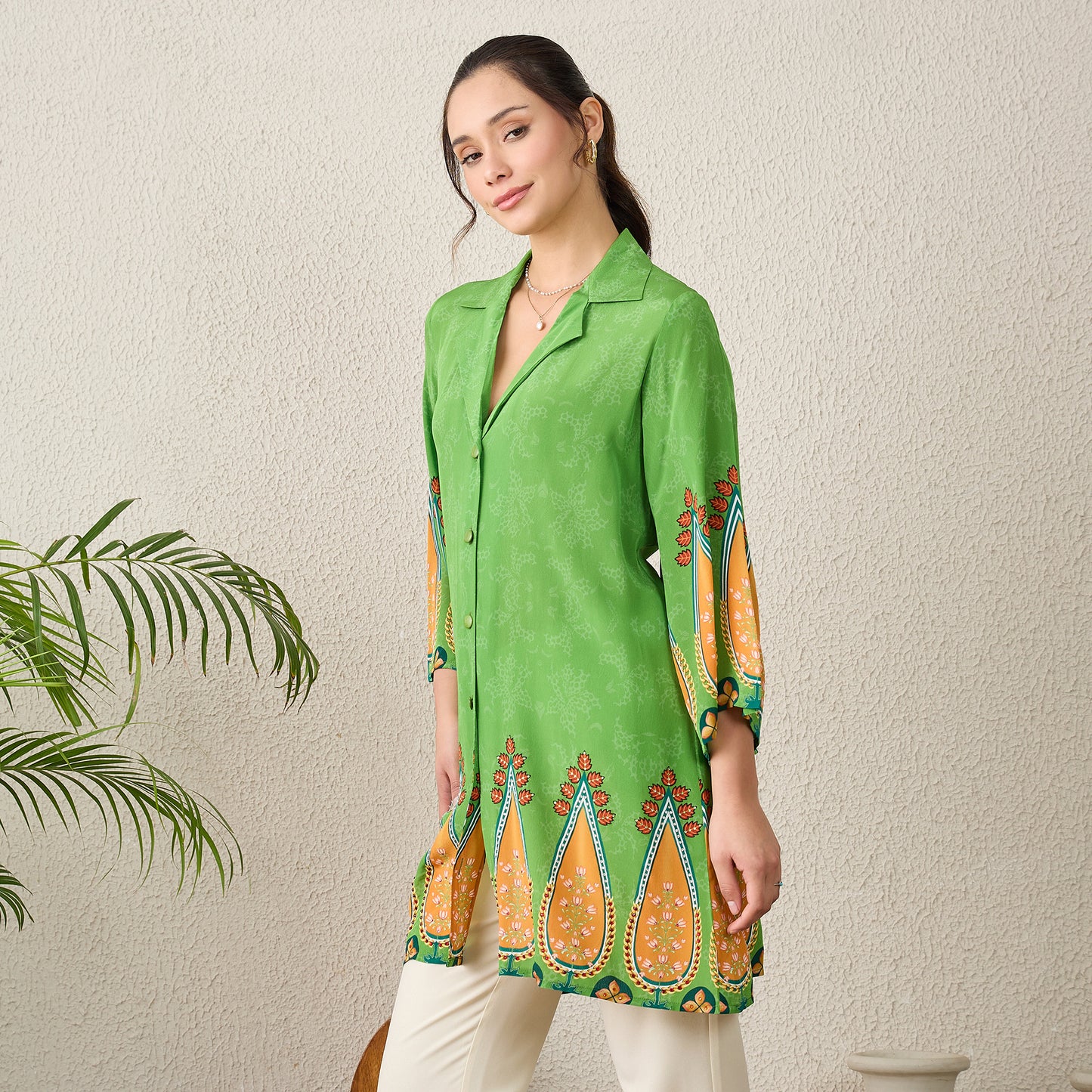 Green Paisley Printed Crystal Embellished Shirt