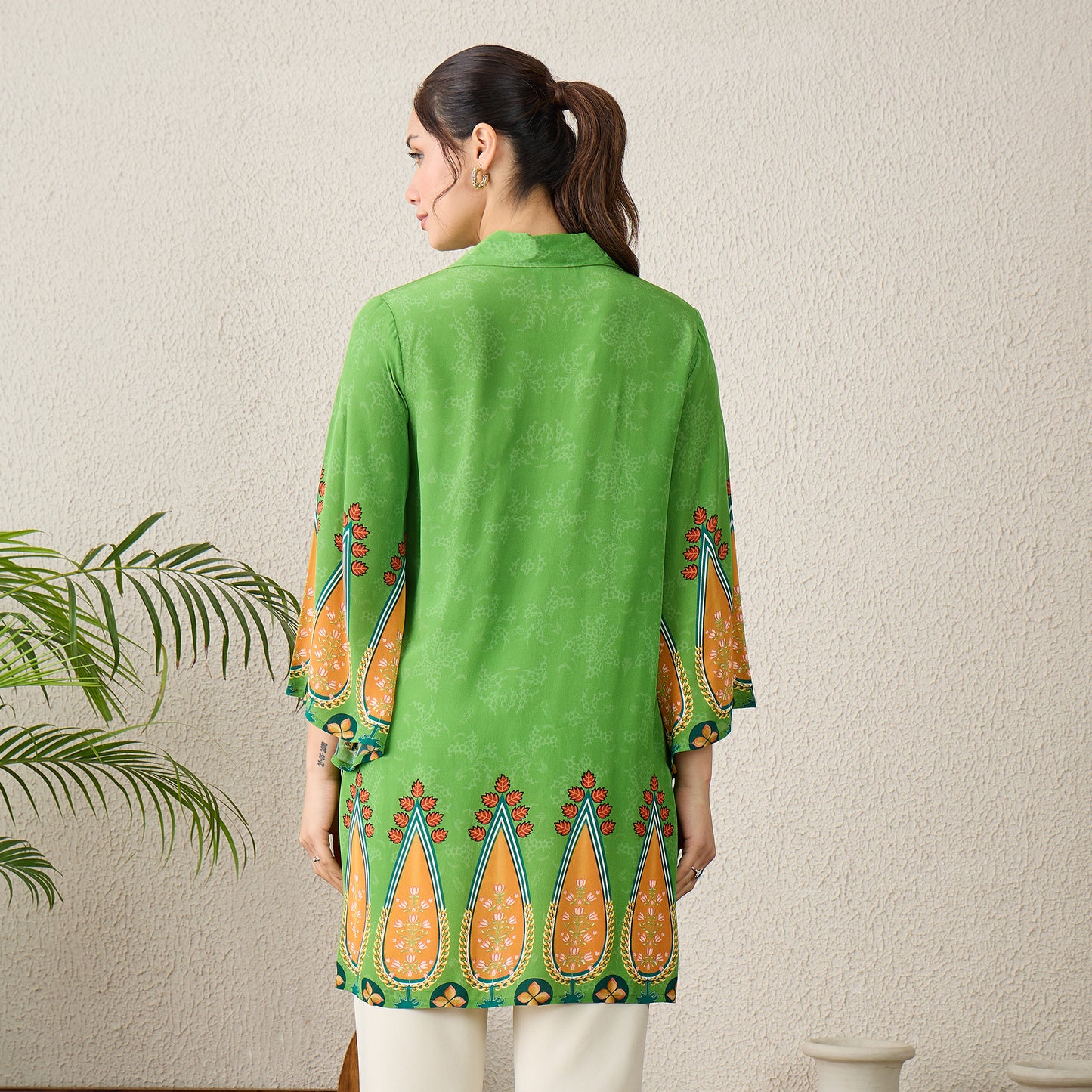 Green Paisley Printed Crystal Embellished Shirt