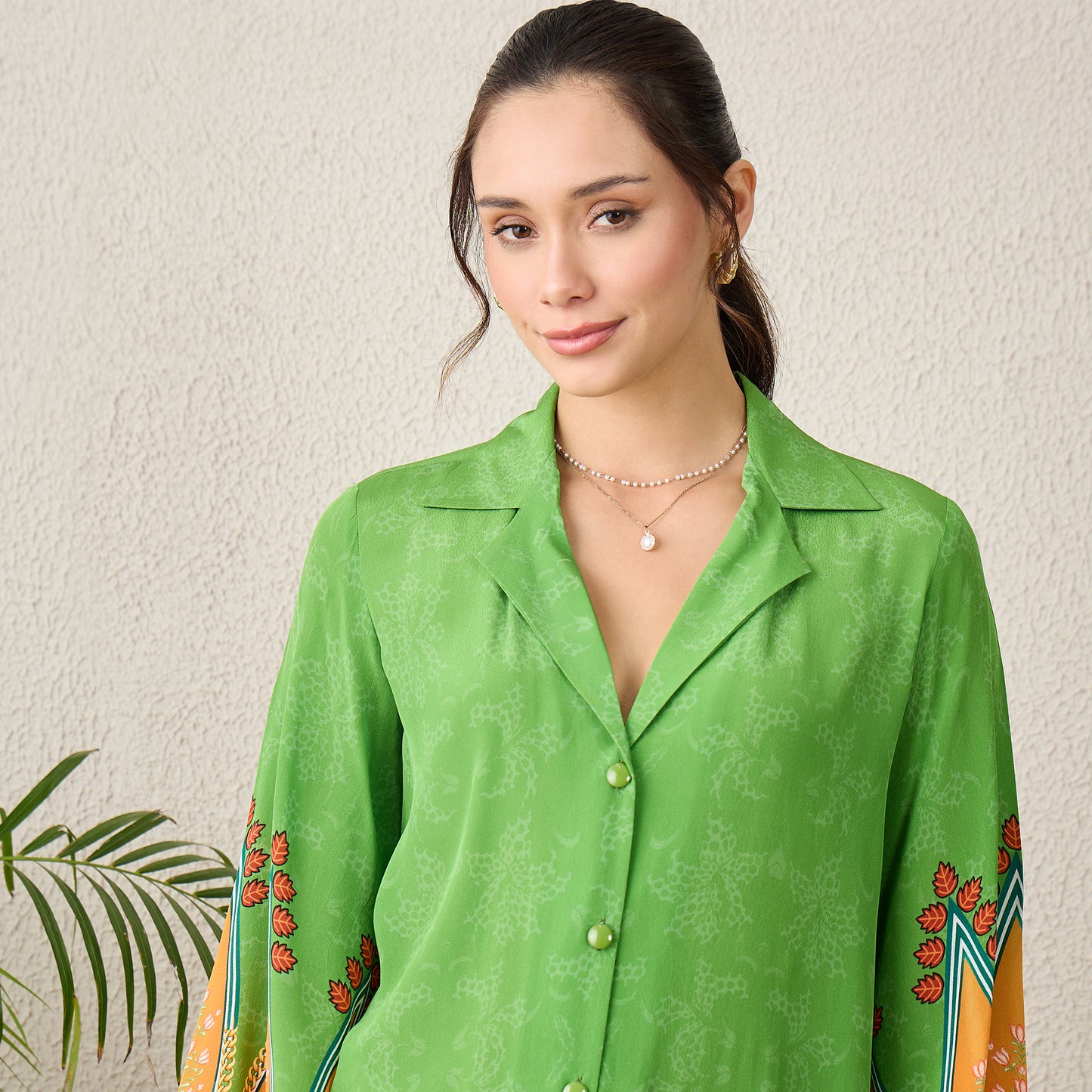 Green Paisley Printed Crystal Embellished Shirt