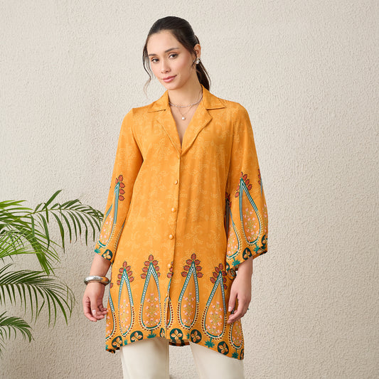 Orange Paisley Printed Crystal Embellished Shirt