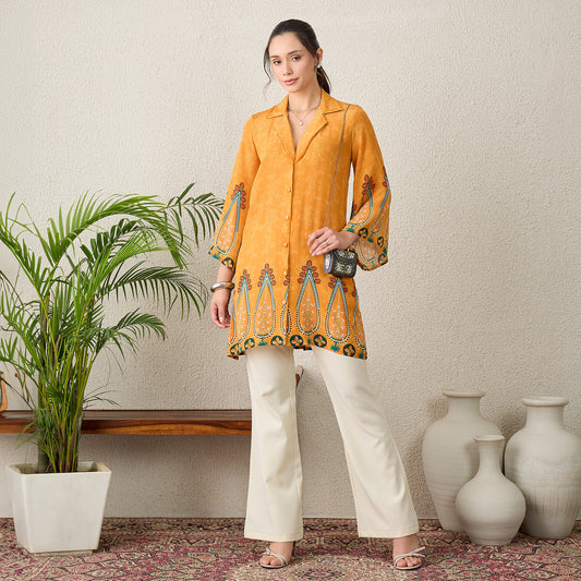 Orange Paisley Printed Crystal Embellished Shirt