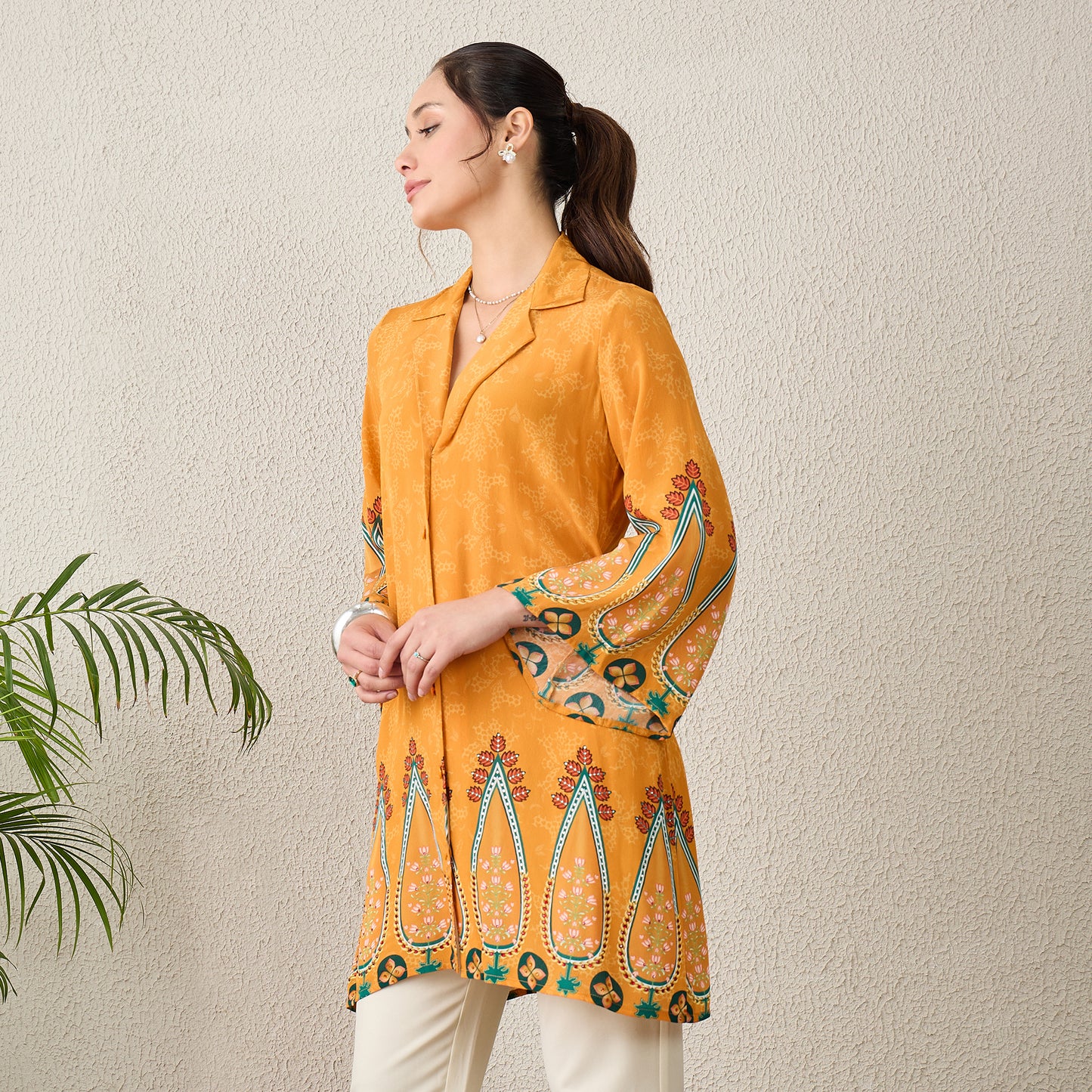 Orange Paisley Printed Crystal Embellished Shirt