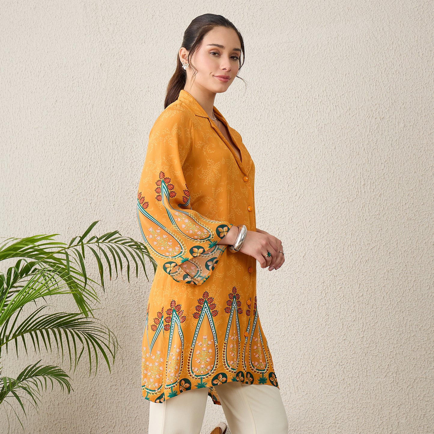 Orange Paisley Printed Crystal Embellished Shirt