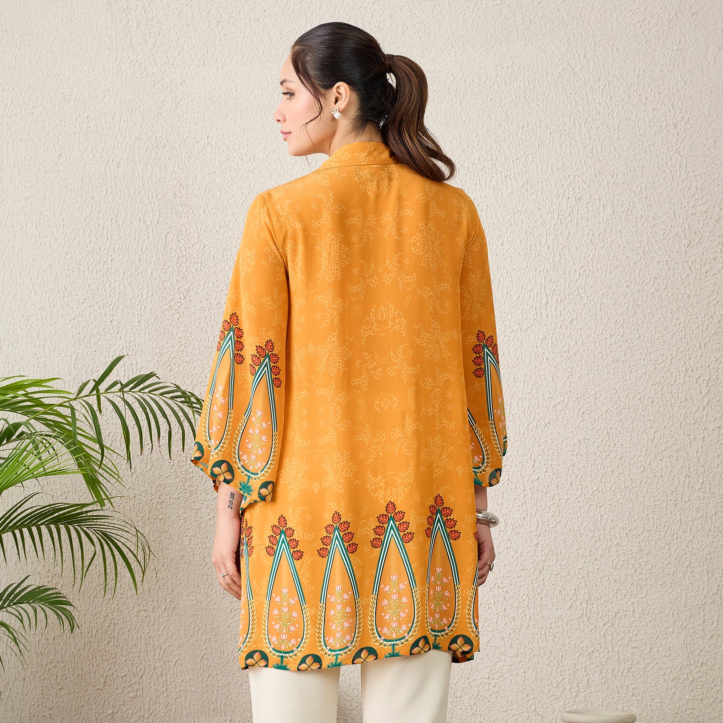 Orange Paisley Printed Crystal Embellished Shirt