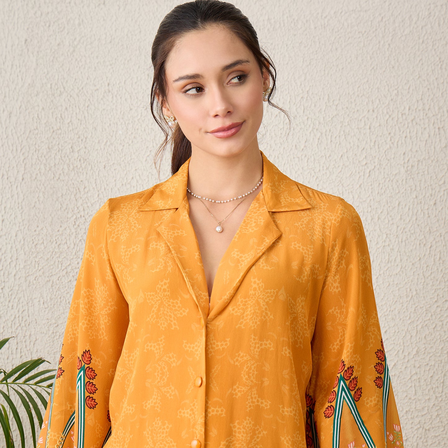 Orange Paisley Printed Crystal Embellished Shirt
