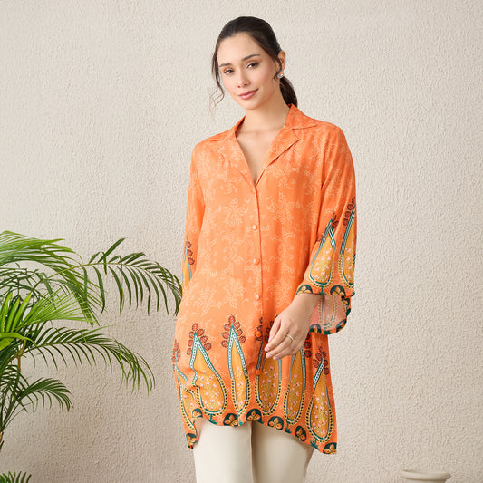 Tangerine Paisley Printed Crystal Embellished Shirt