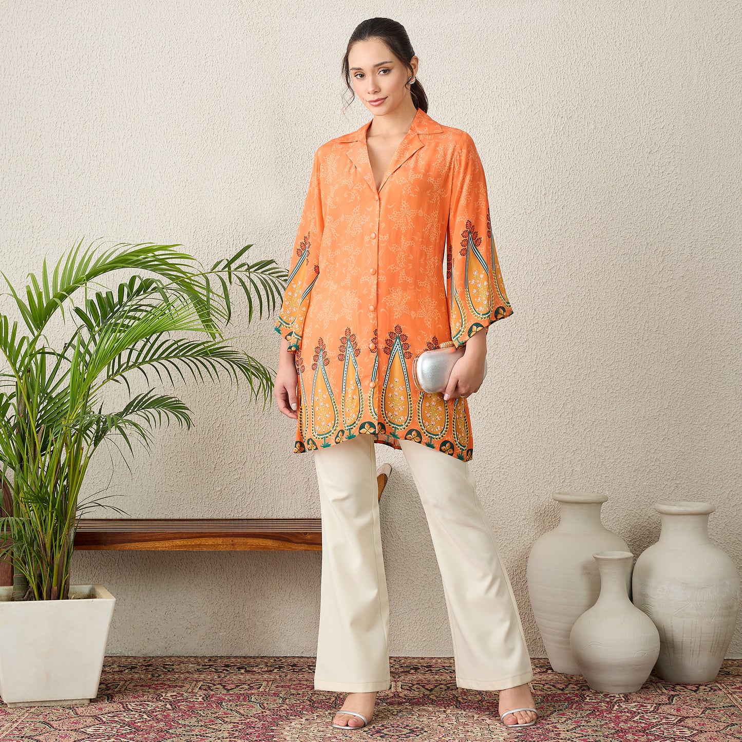 Tangerine Paisley Printed Crystal Embellished Shirt