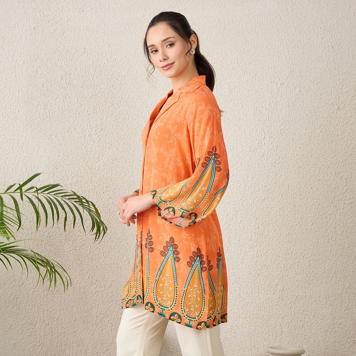 Tangerine Paisley Printed Crystal Embellished Shirt