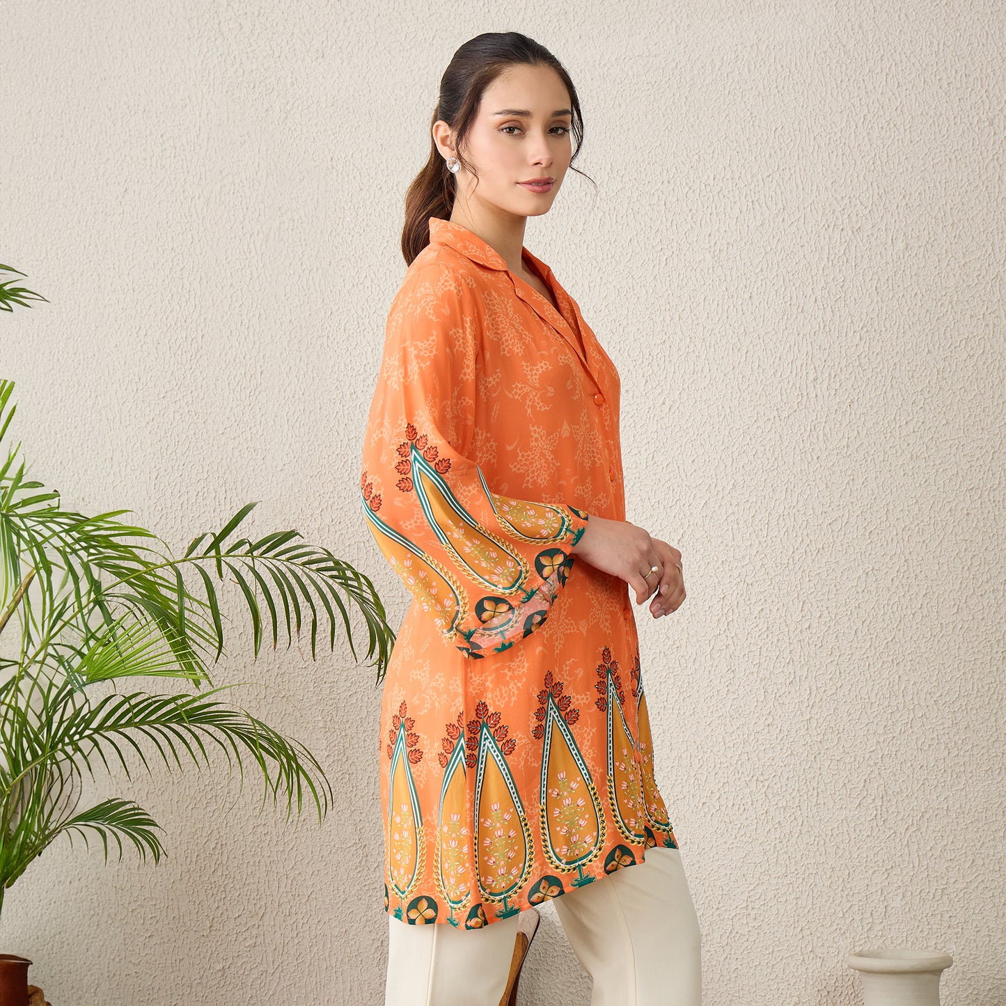 Tangerine Paisley Printed Crystal Embellished Shirt