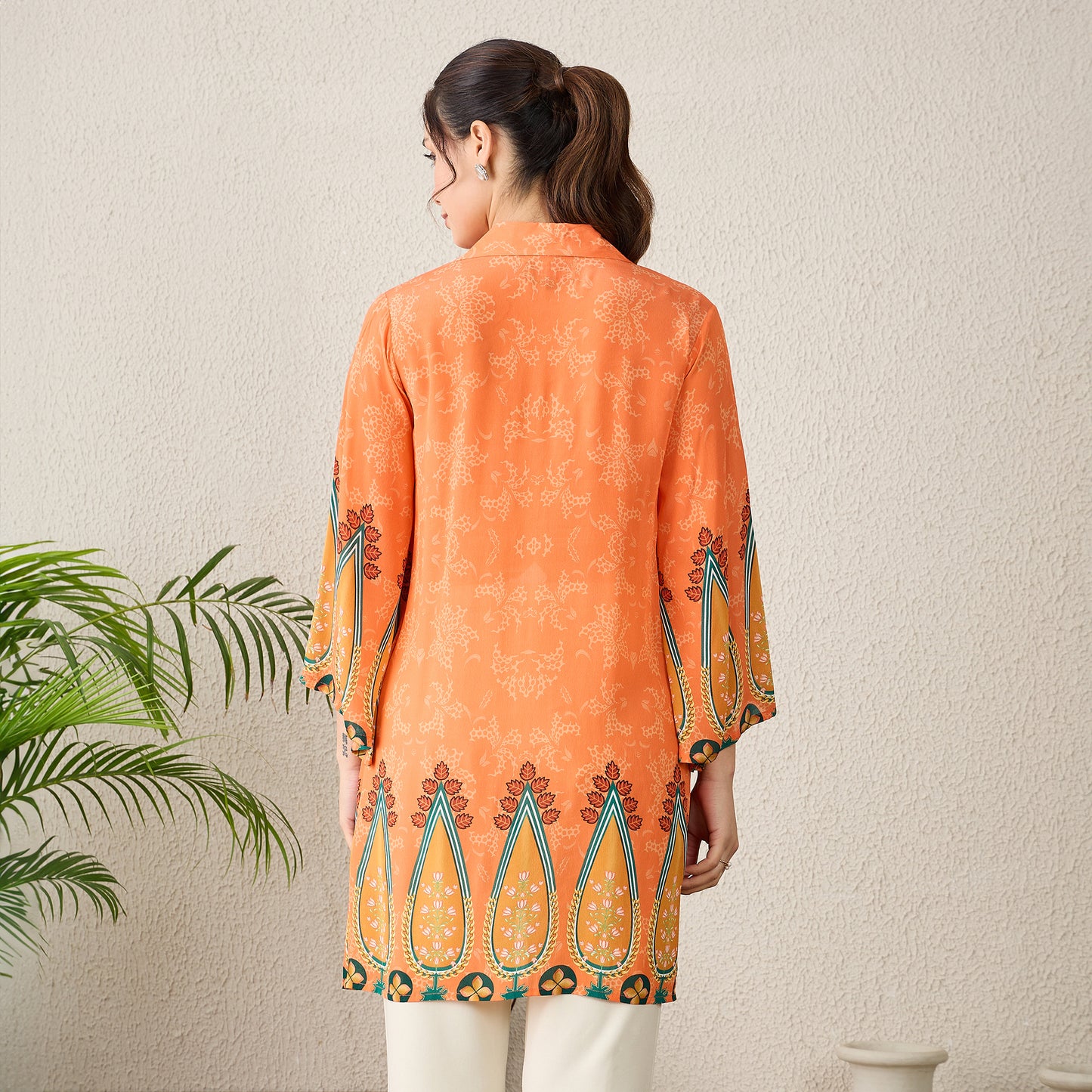 Tangerine Paisley Printed Crystal Embellished Shirt