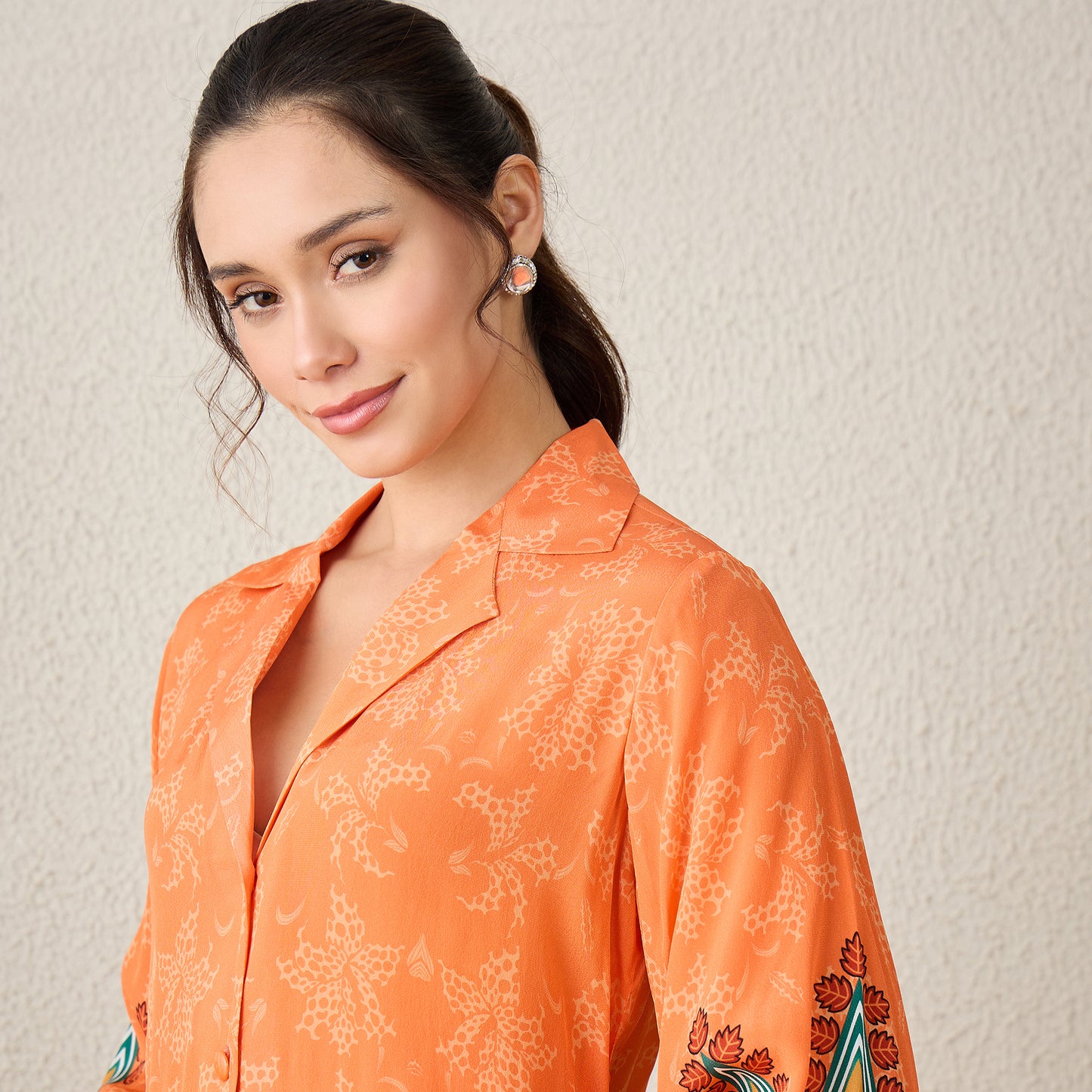 Tangerine Paisley Printed Crystal Embellished Shirt