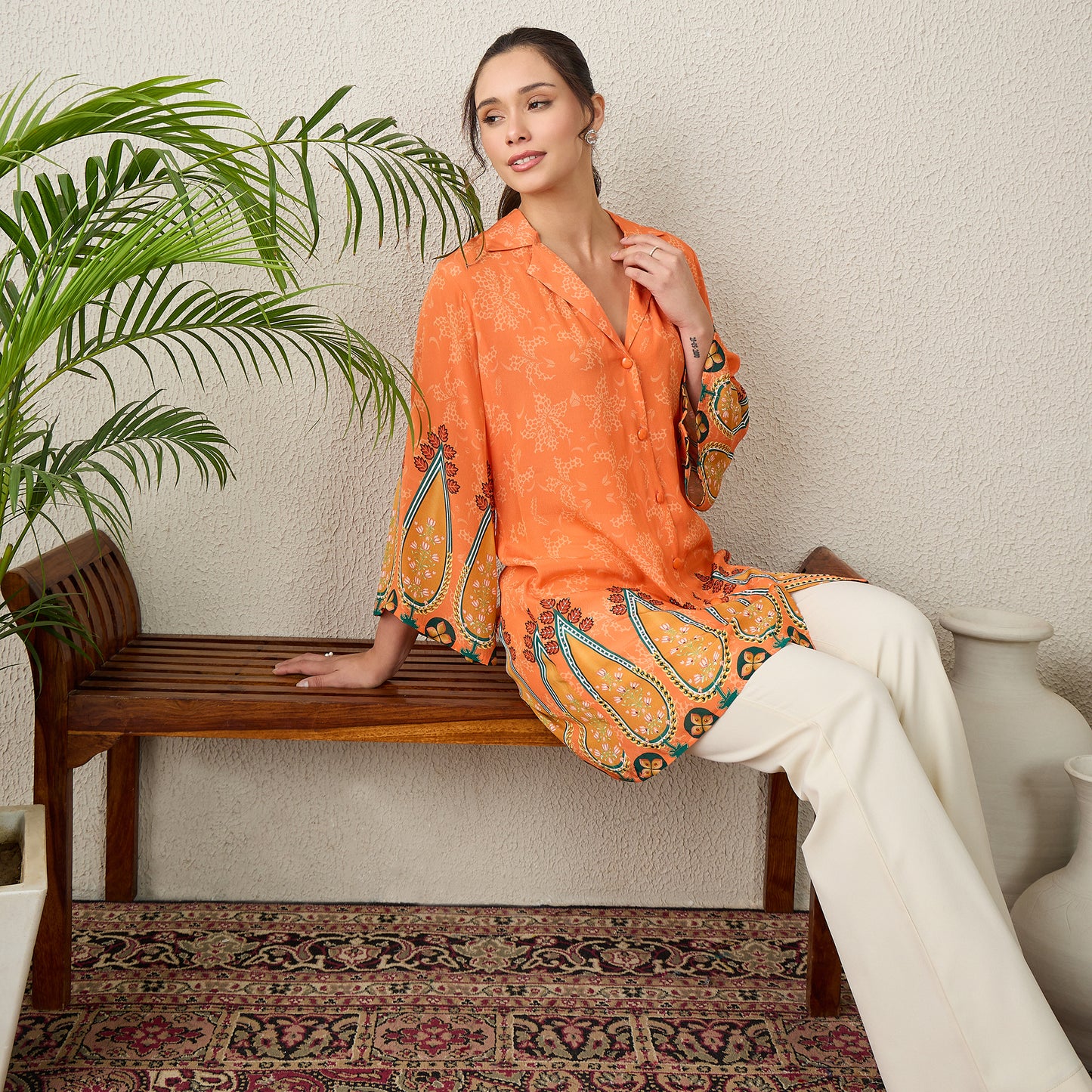 Tangerine Paisley Printed Crystal Embellished Shirt