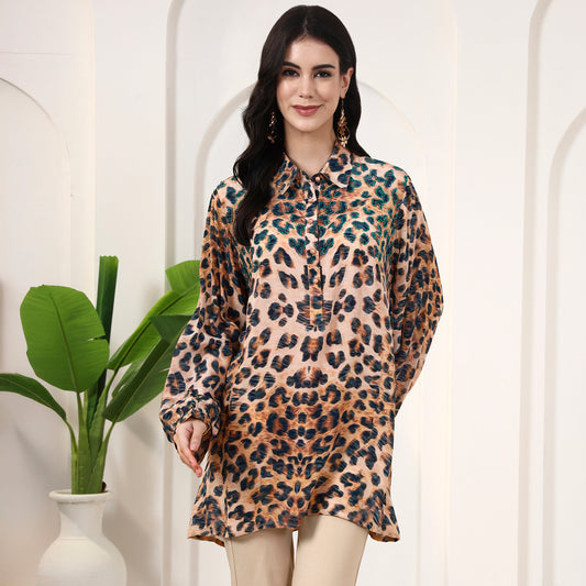 Brown Animal Print Shirt for Women – Viscose Crepe | First Resort by Ramola Bachchan