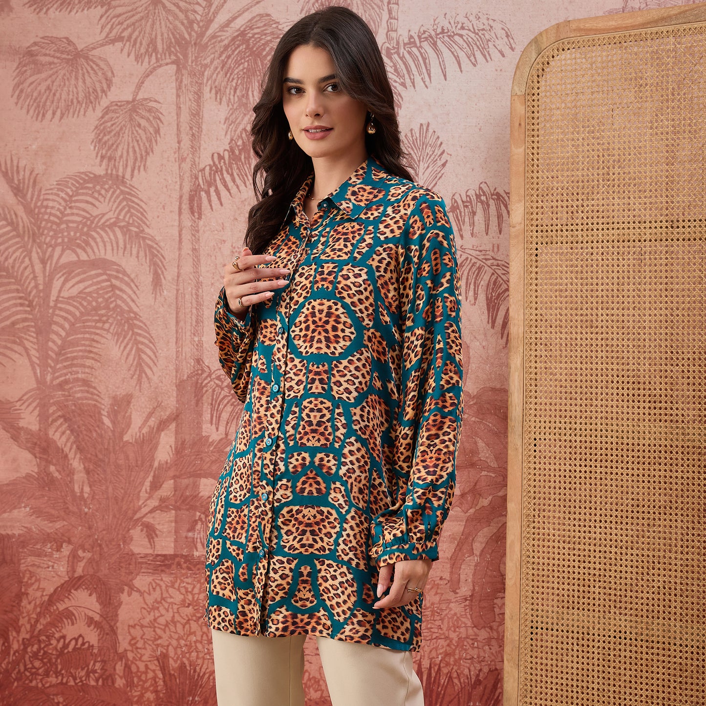 Teal Patched Leopard Print Shirt