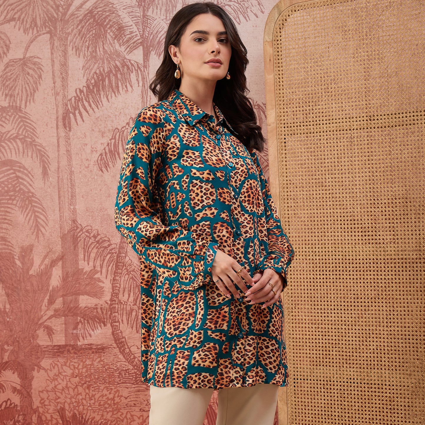 Teal Patched Leopard Print Shirt