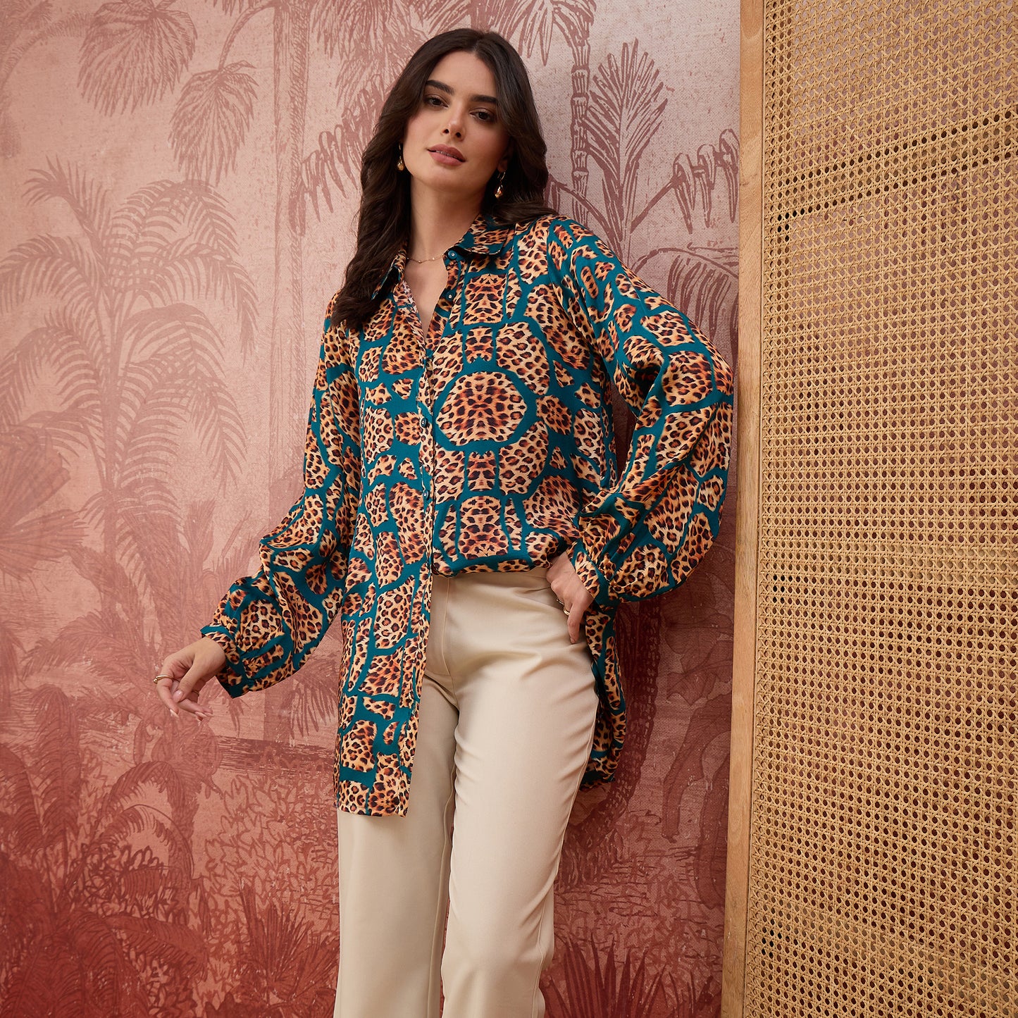 Teal Patched Leopard Print Shirt