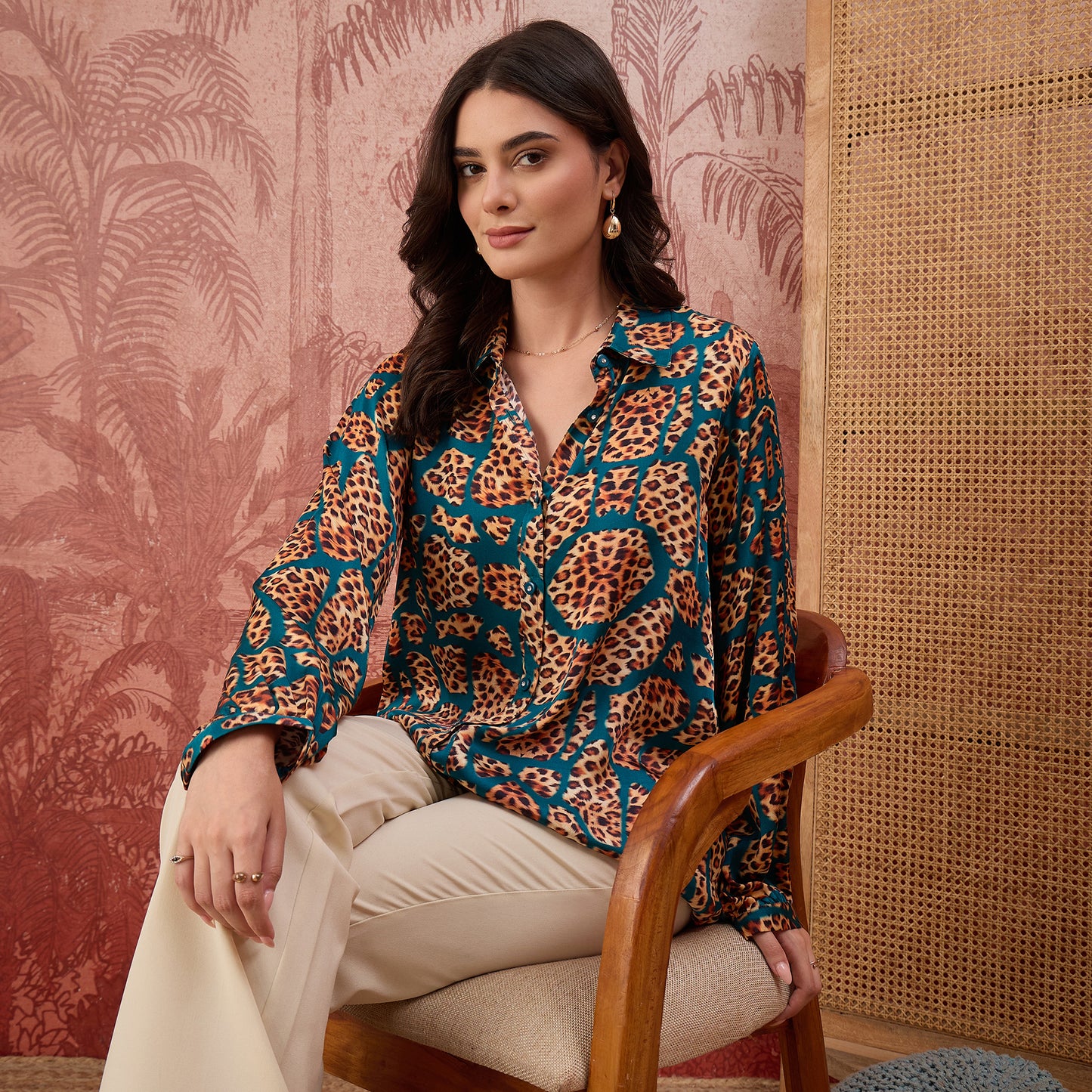 Teal Patched Leopard Print Shirt
