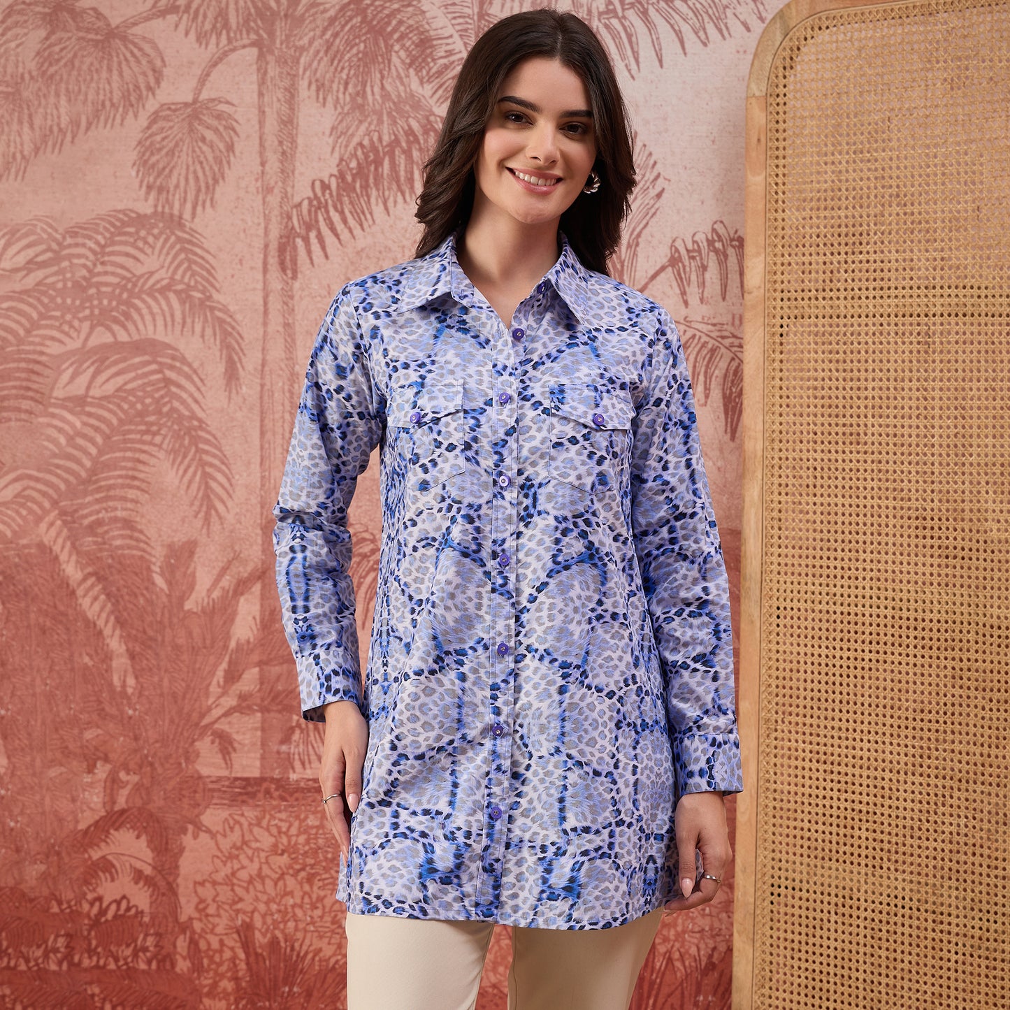 Blue Animal Printed Structured Shirt