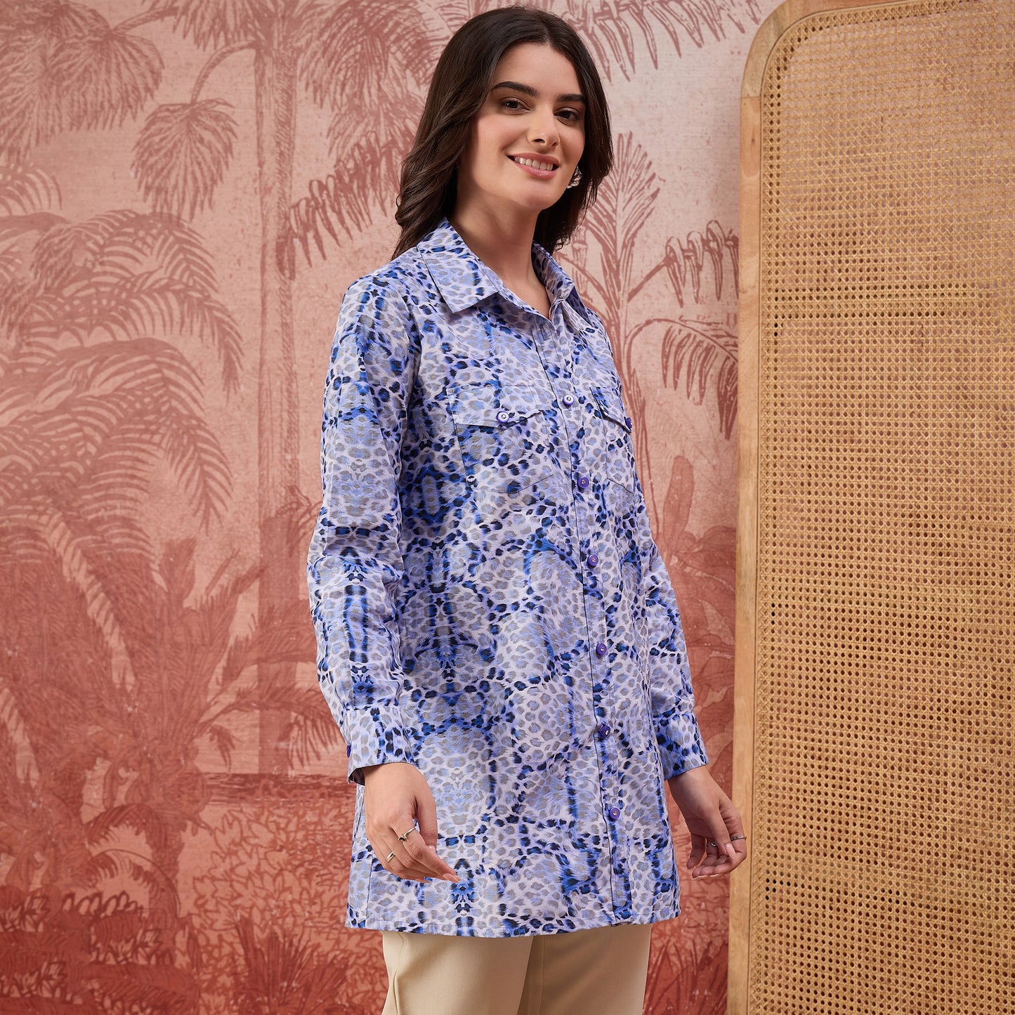 Blue Animal Printed Structured Shirt