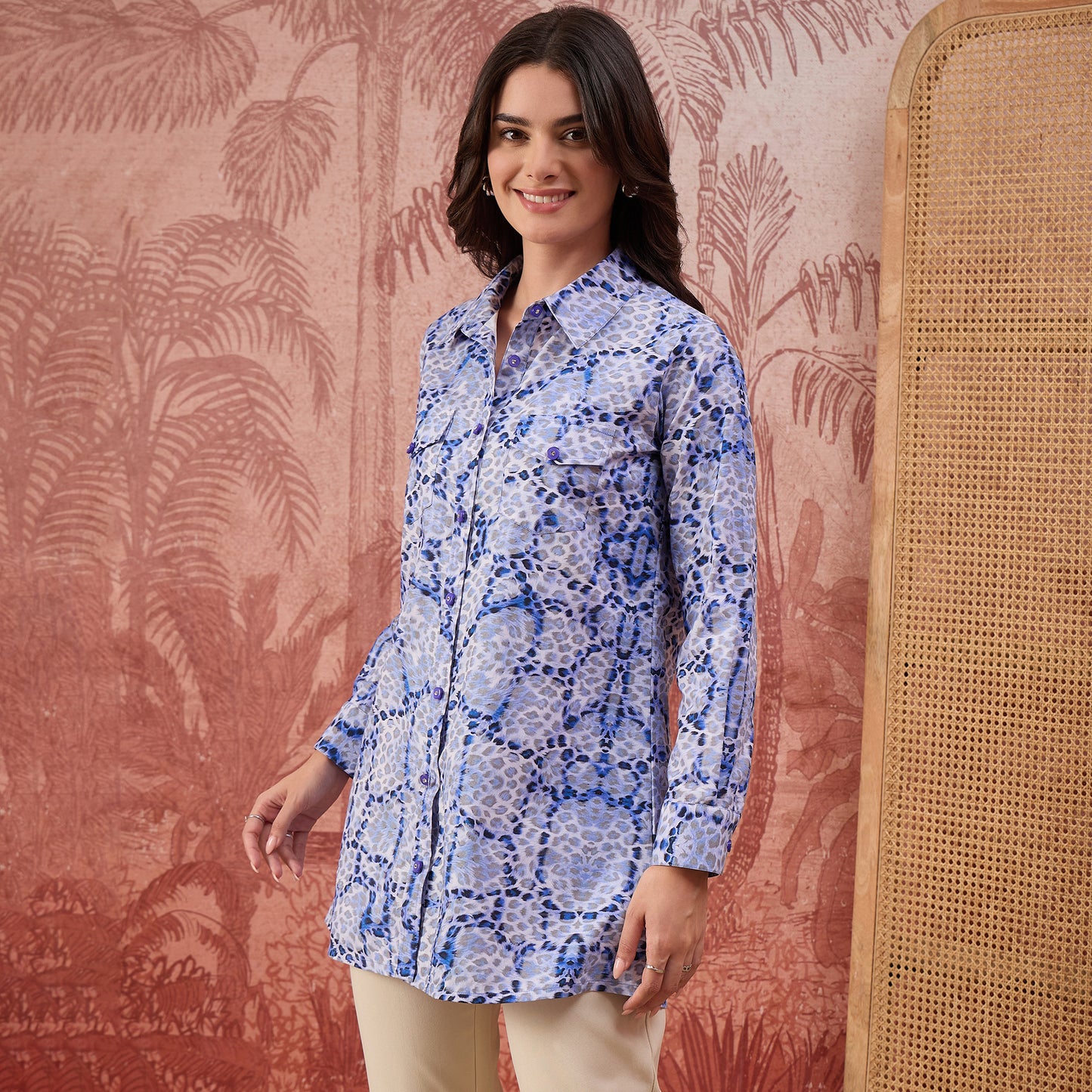 Blue Animal Printed Structured Shirt