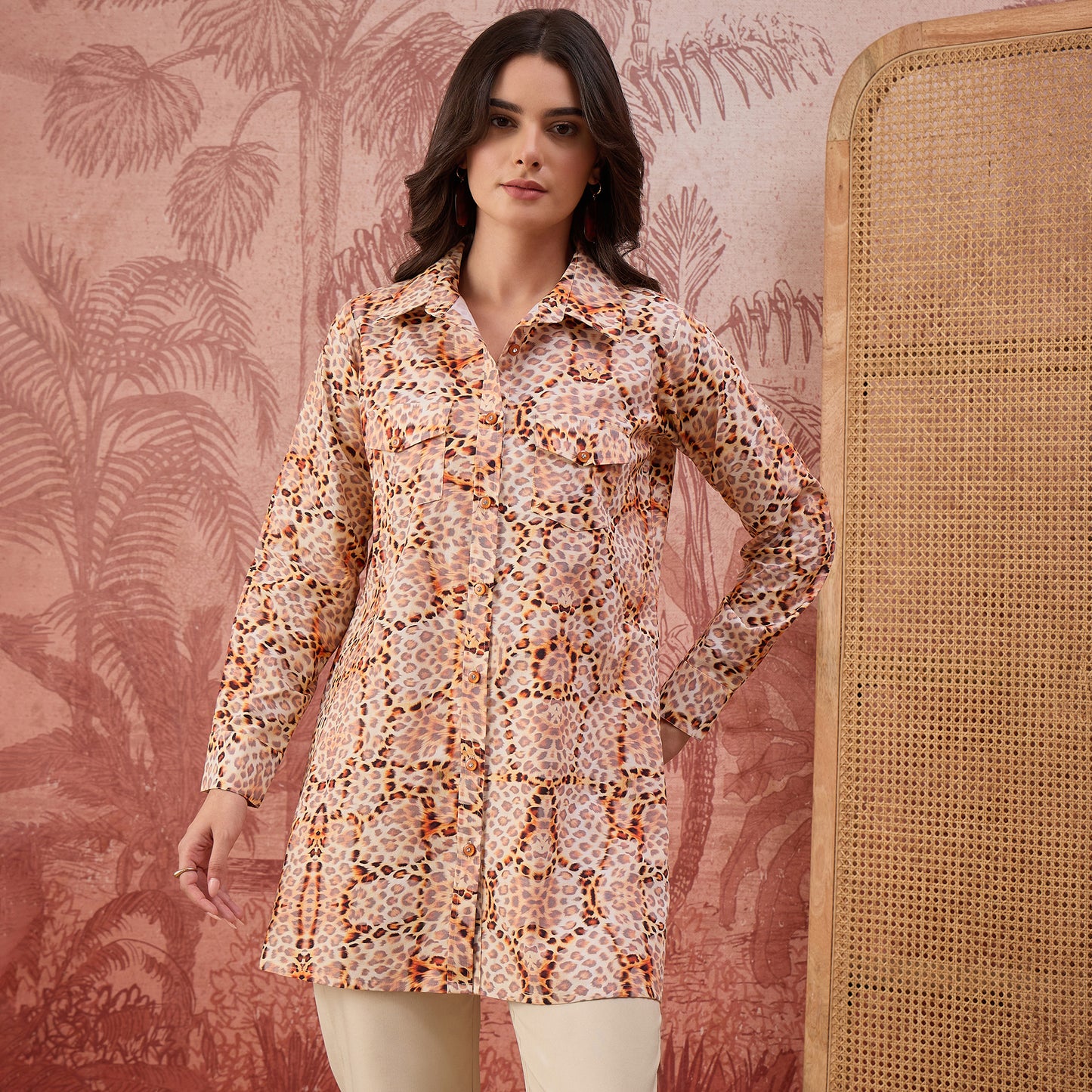 Orange Animal Printed Structured Shirt