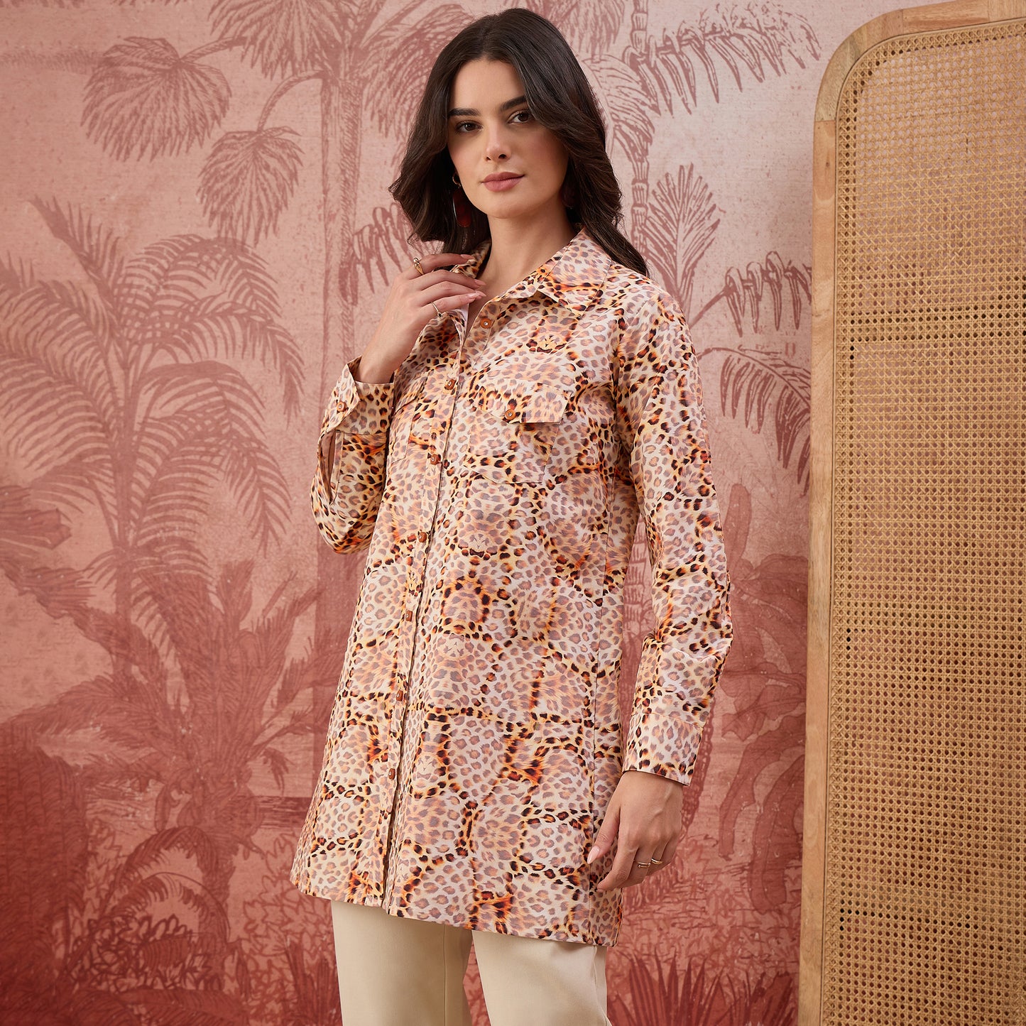 Orange Animal Printed Structured Shirt