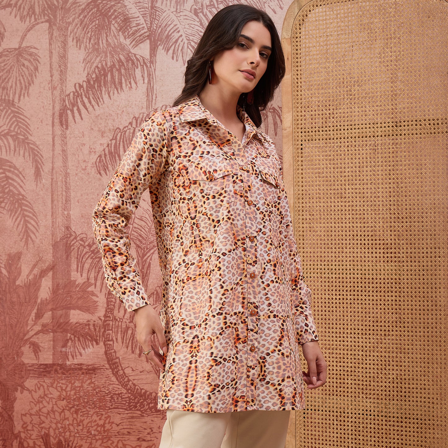 Orange Animal Printed Structured Shirt