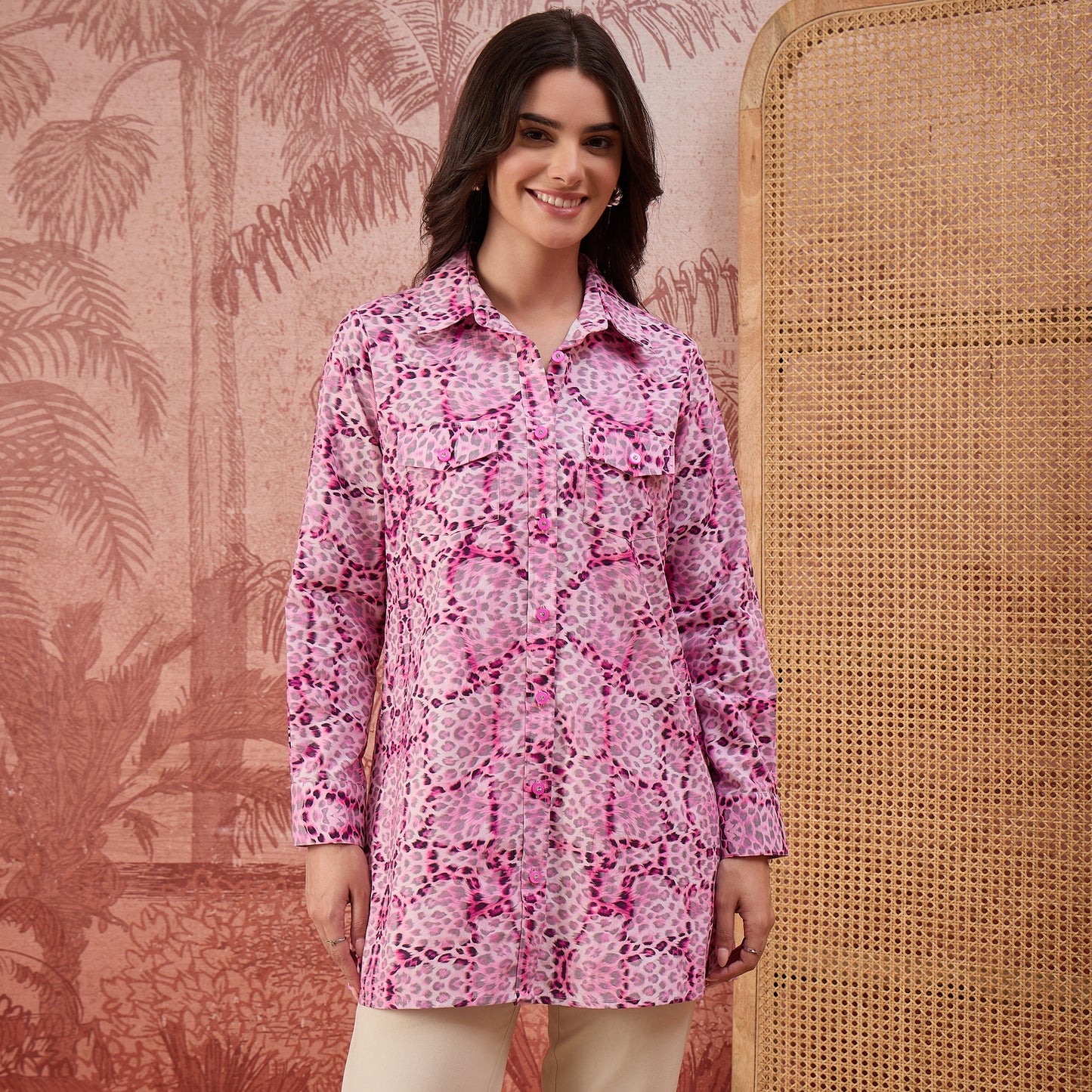 Pink Animal Printed Structured Shirt