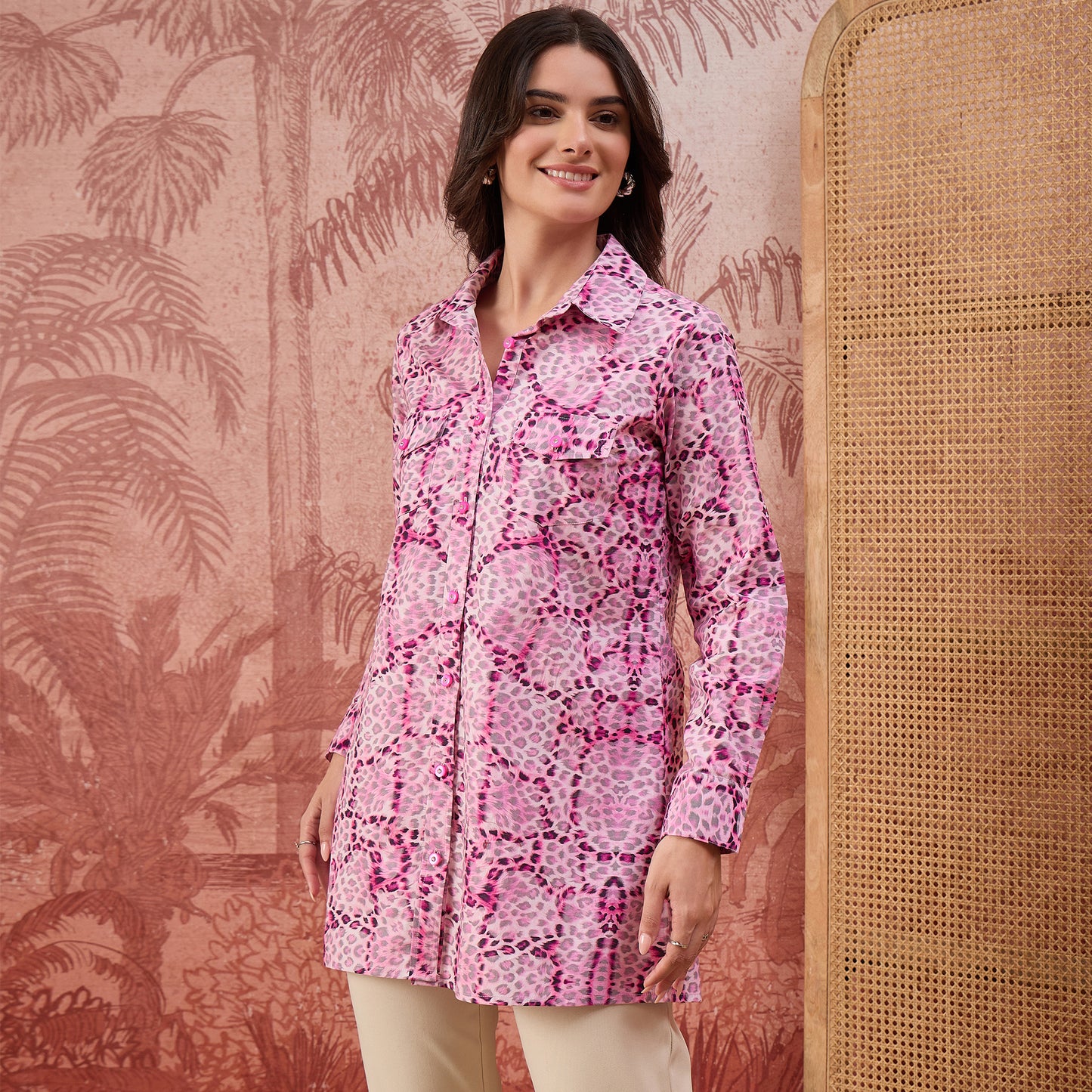 Pink Animal Printed Structured Shirt
