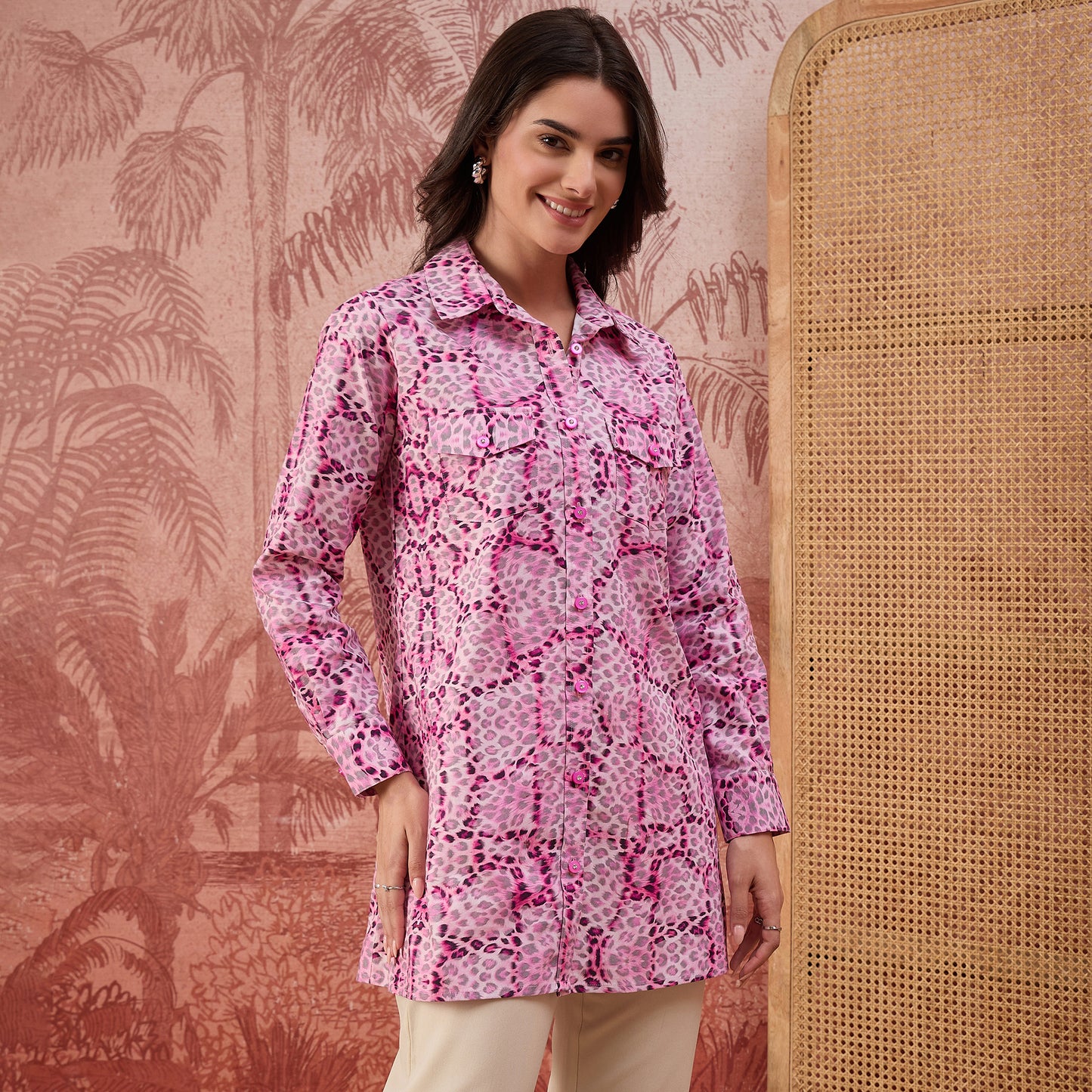 Pink Animal Printed Structured Shirt