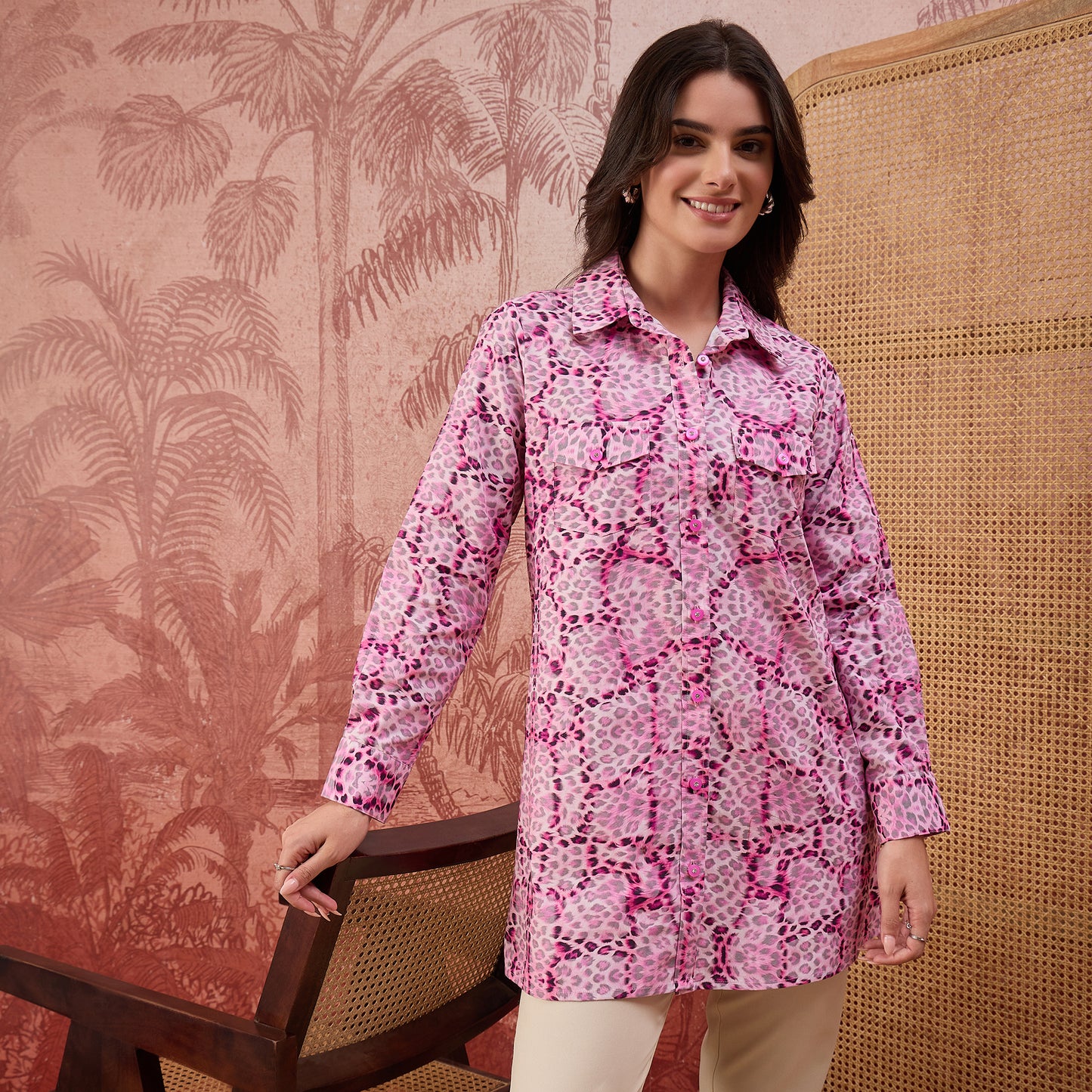 Pink Animal Printed Structured Shirt