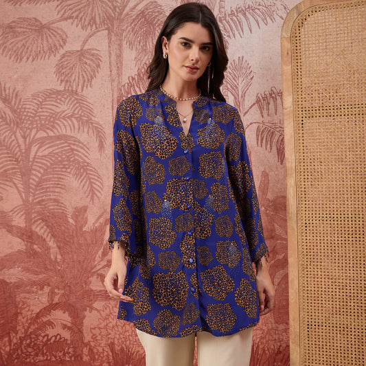 Blue Leopard Patch Printed Embellished Shirt