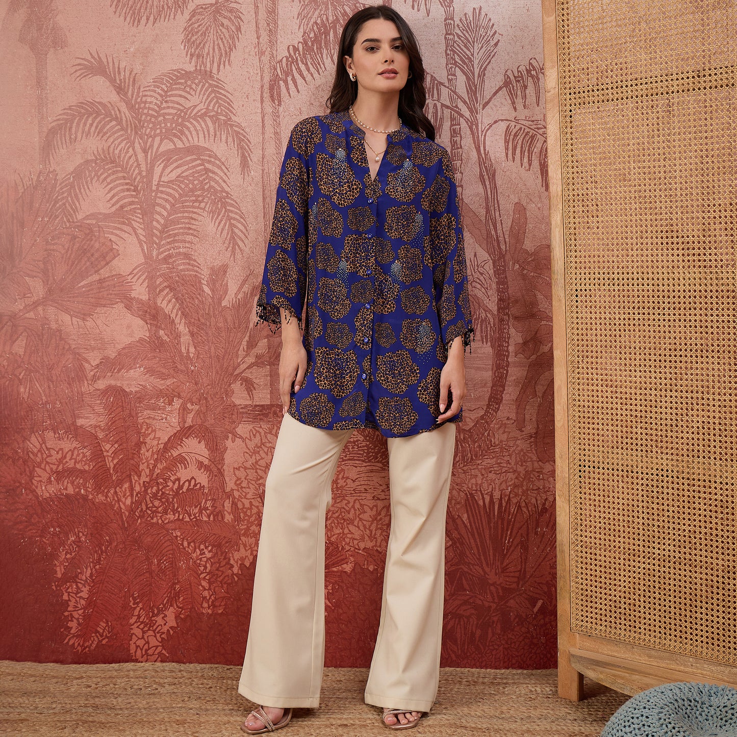 Blue Leopard Patch Printed Embellished Shirt