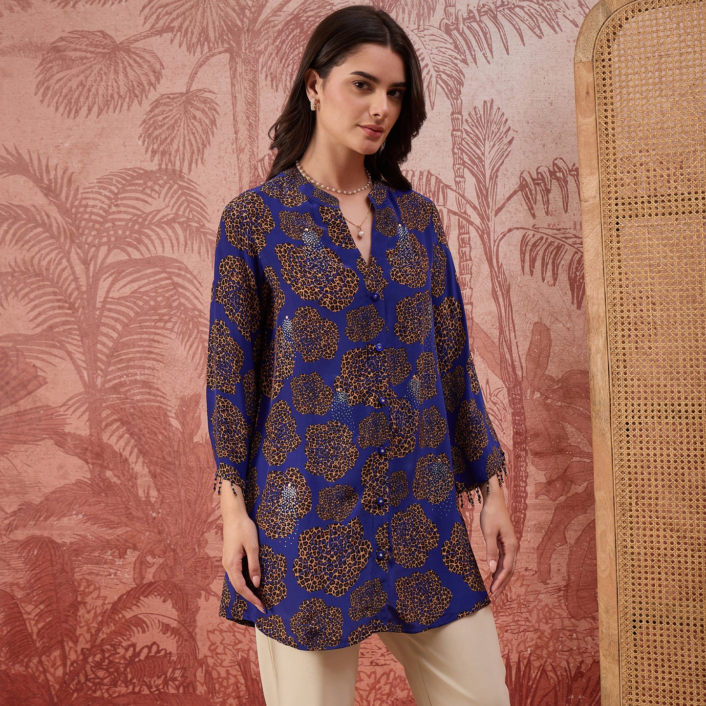 Blue Leopard Patch Printed Embellished Shirt