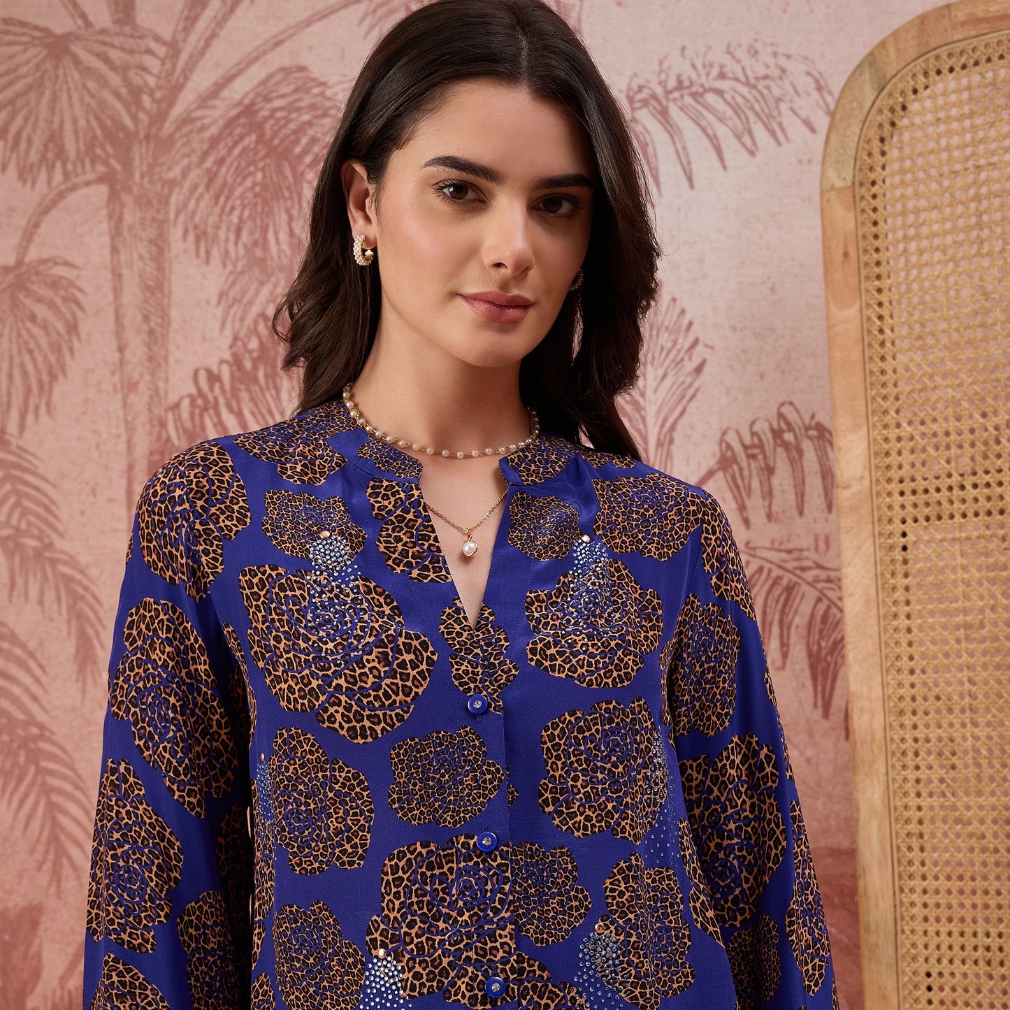 Blue Leopard Patch Printed Embellished Shirt