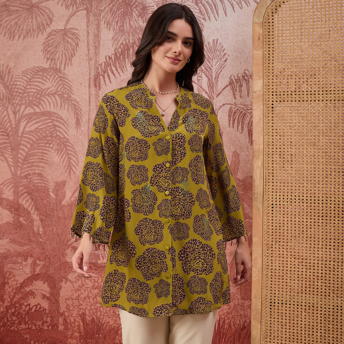 Green Leopard Patch Printed Embellished Shirt