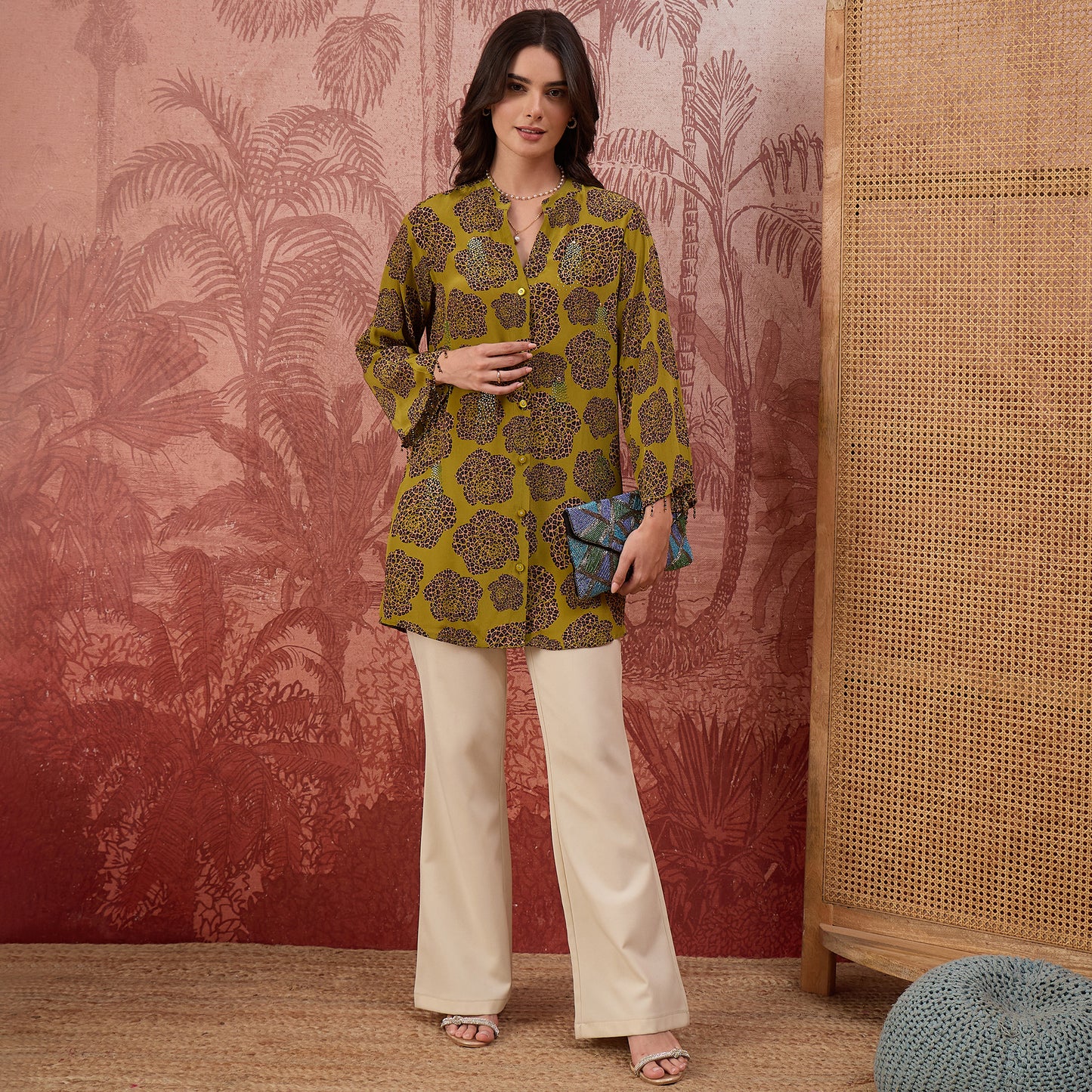 Green Leopard Patch Printed Embellished Shirt