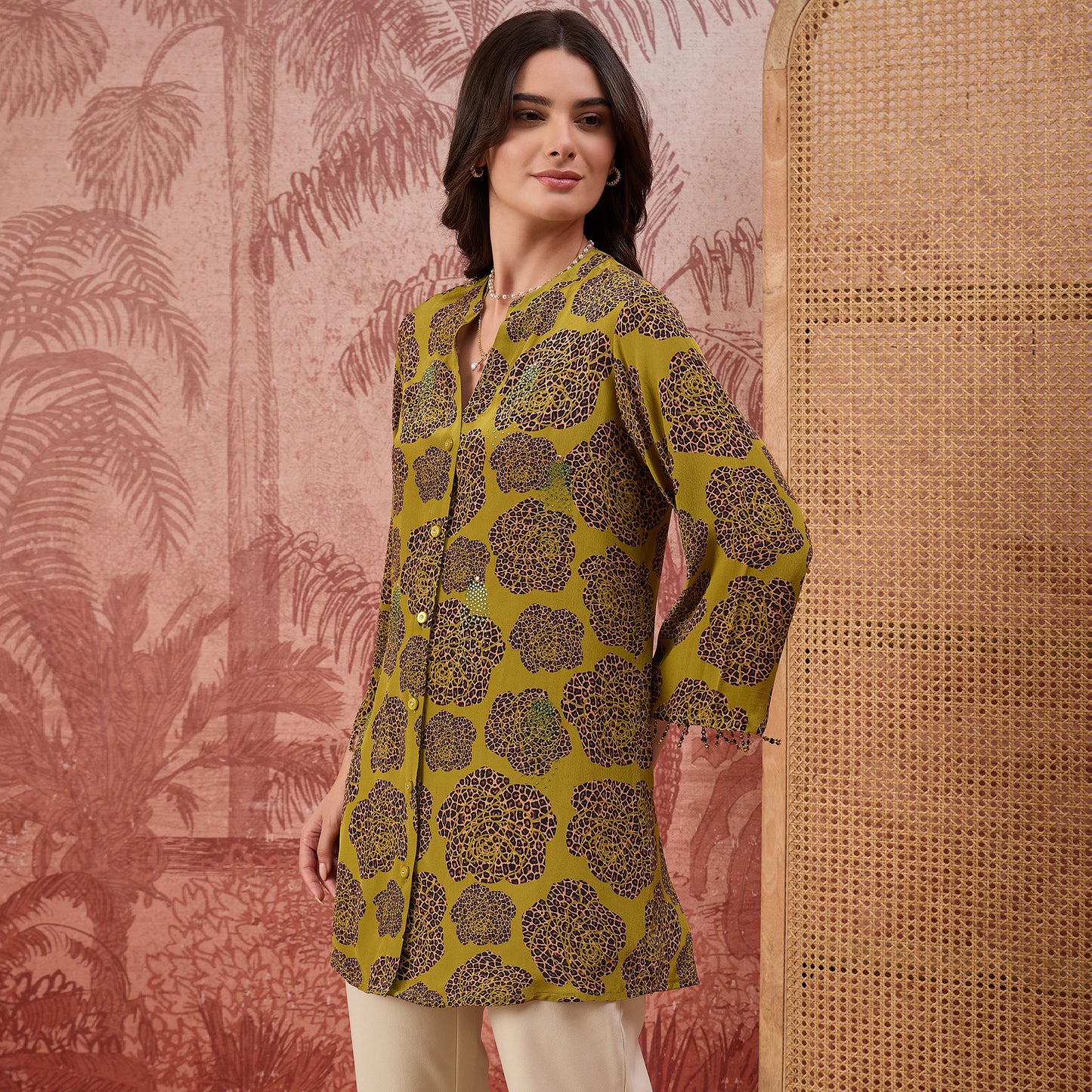 Green Leopard Patch Printed Embellished Shirt