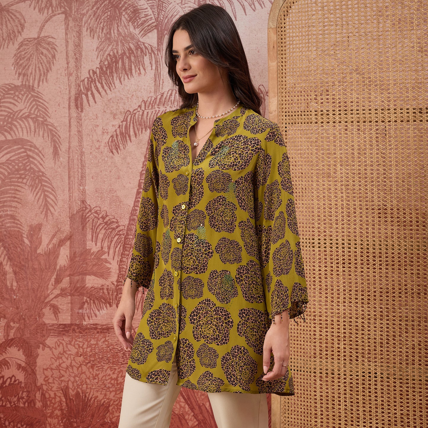 Green Leopard Patch Printed Embellished Shirt