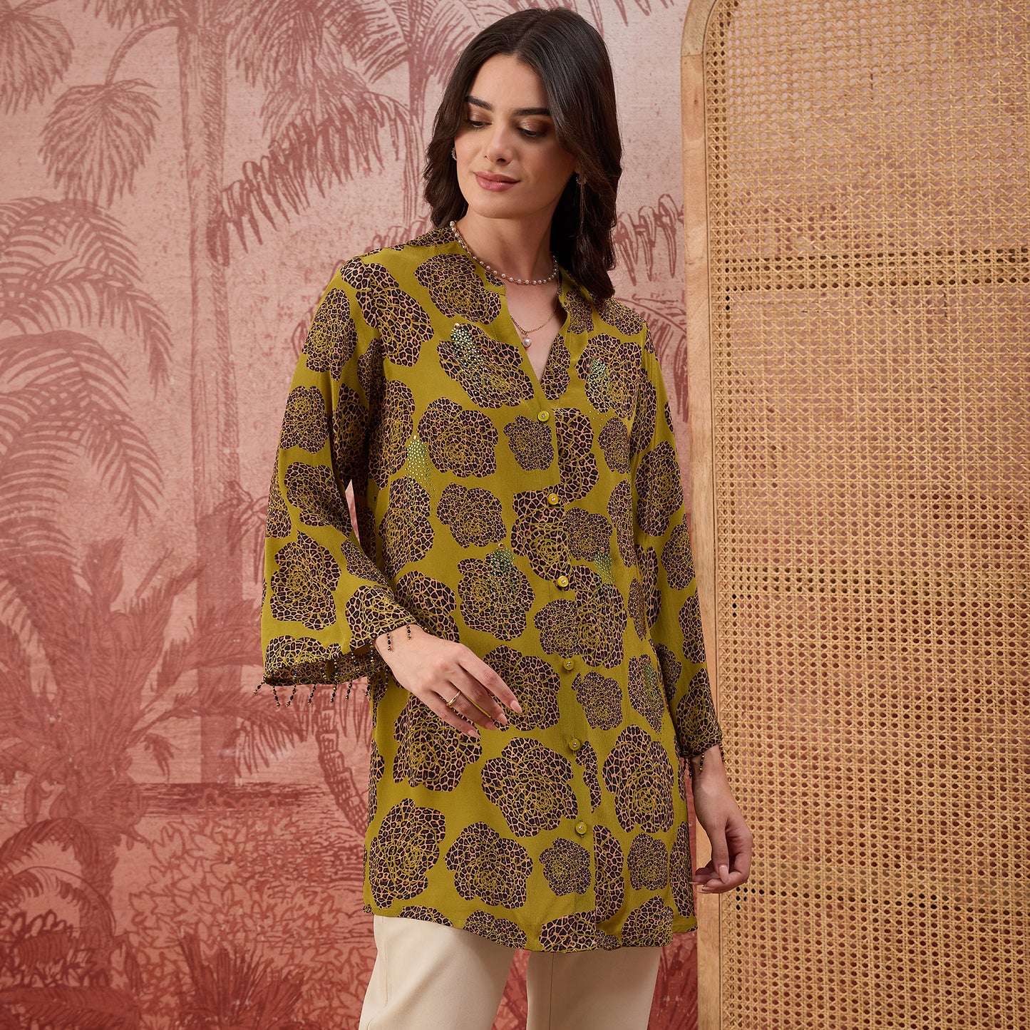 Green Leopard Patch Printed Embellished Shirt
